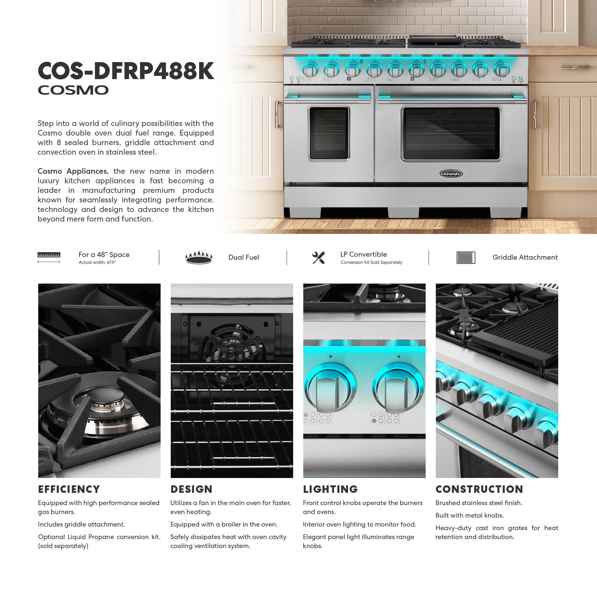 Cosmo COS-DFRP488K Cosmo 48 In. Lumin Collection 5.5 Cu. Ft. Double Oven Dual Fuel Range With 8 Burners, Cast Iron Grates In Stainless Steel
