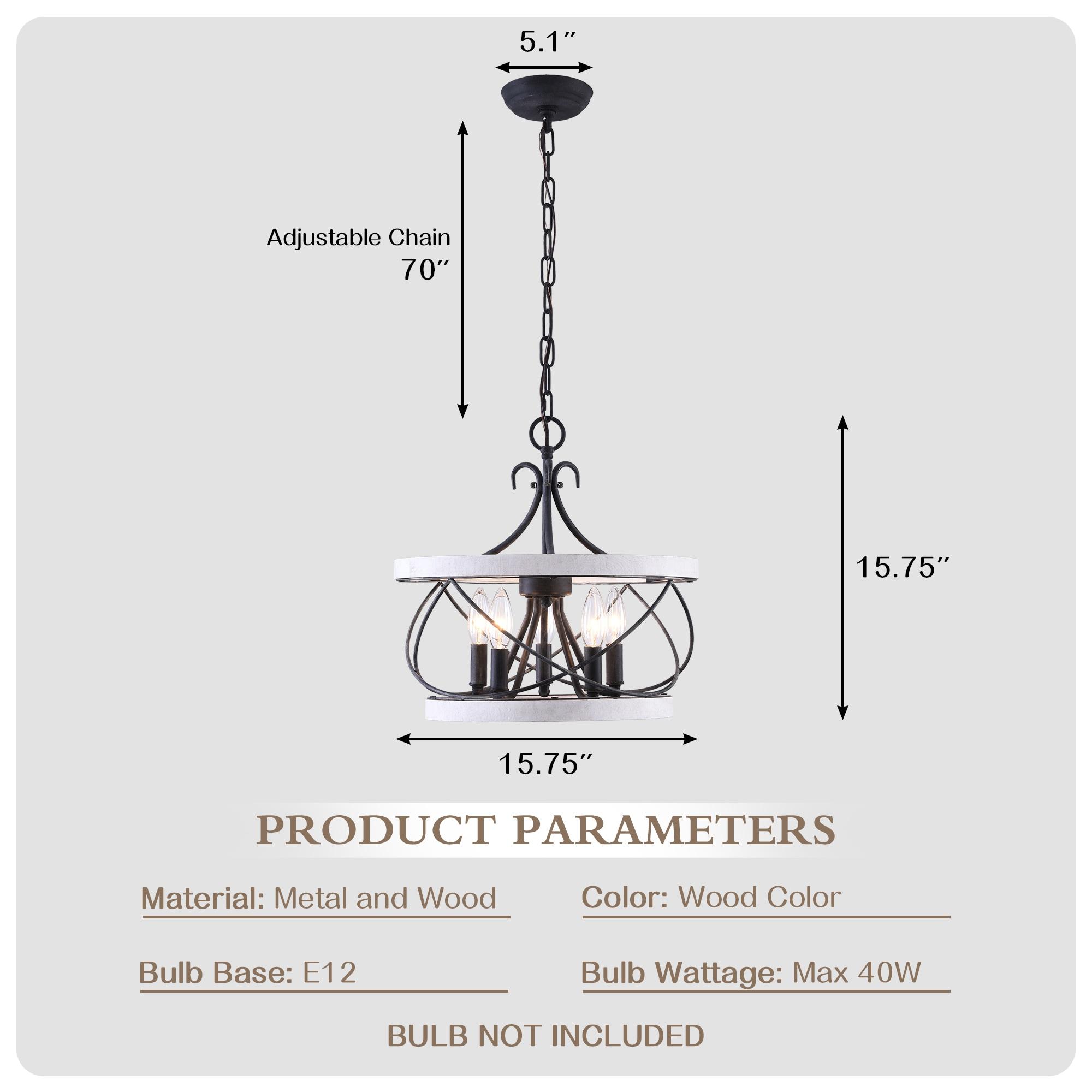 Cusp Barn  5-Light Farmhouse Wood Chandelier Adjustable Handmade Rustic Drum Ceiling Light Fixture Hanging Lamp for Foyer Kitchen 15.7-inch -