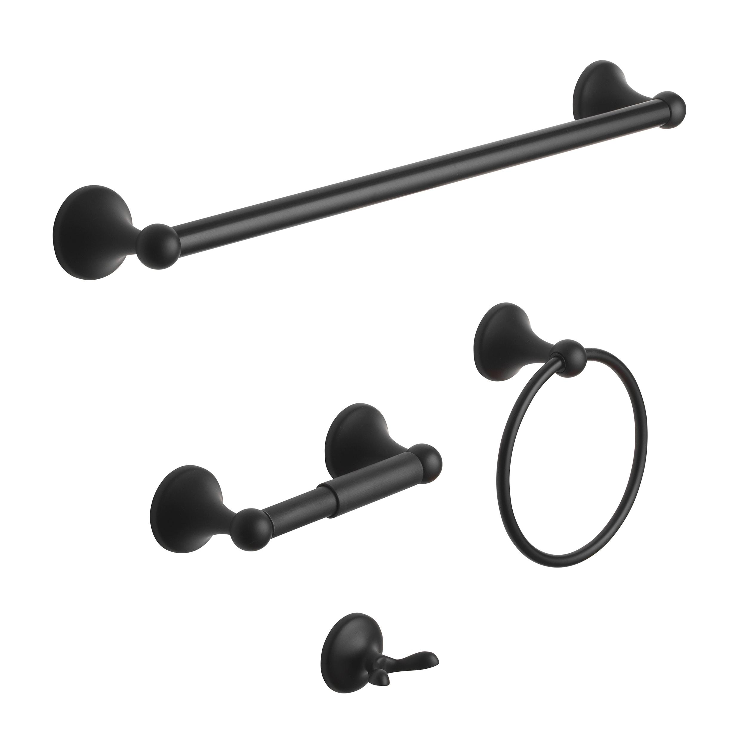 Matte Black 4-Pieces Brass Bathroom Hardware Accessory Set with Towel Bar, Towel Ring, Toilet Paper Holder and Robe Hook Includes