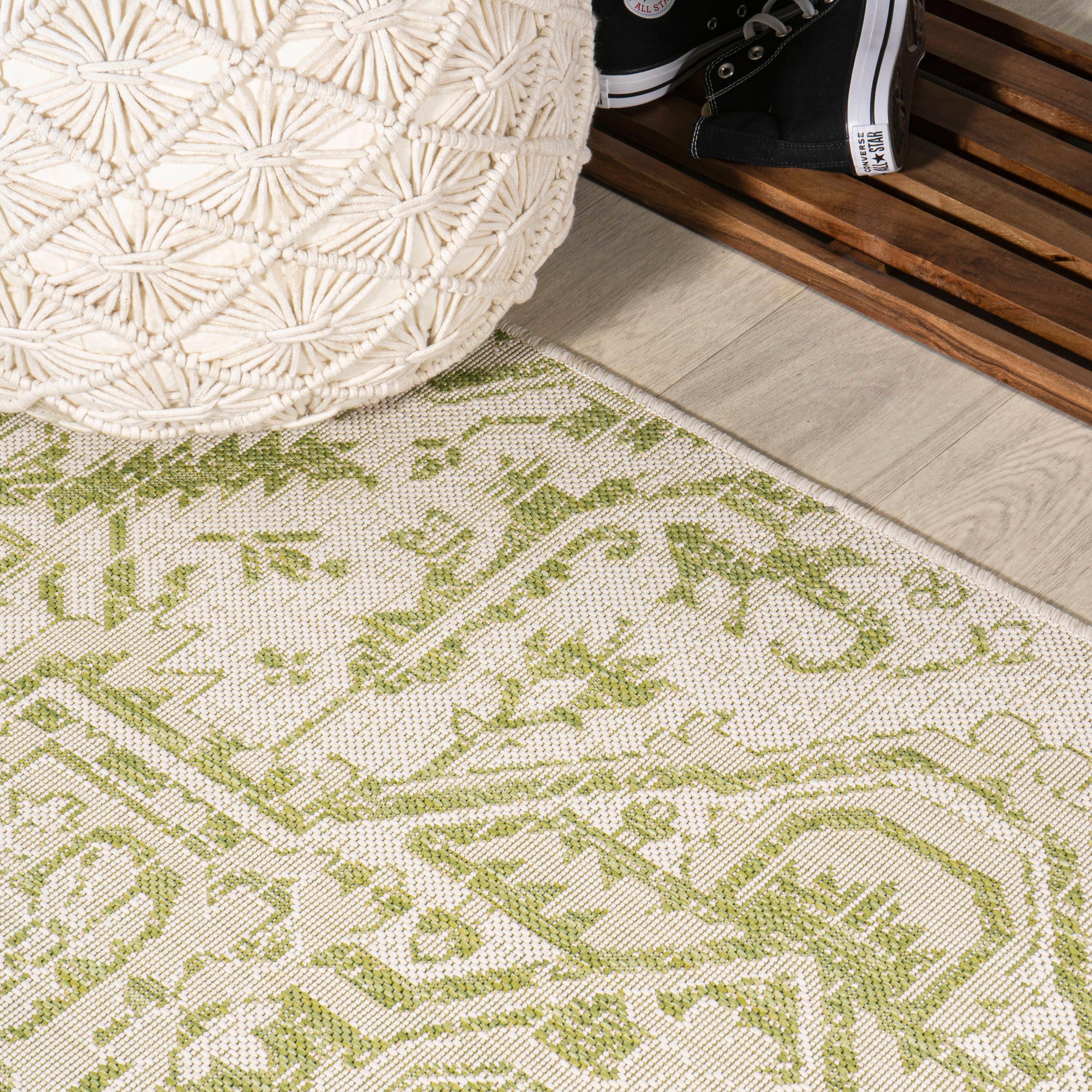 3' x 5' Estrella Bohemian Styled Medallion Textured Weave Indoor/Outdoor Area Rug, Cream/Green - JONATHAN Y