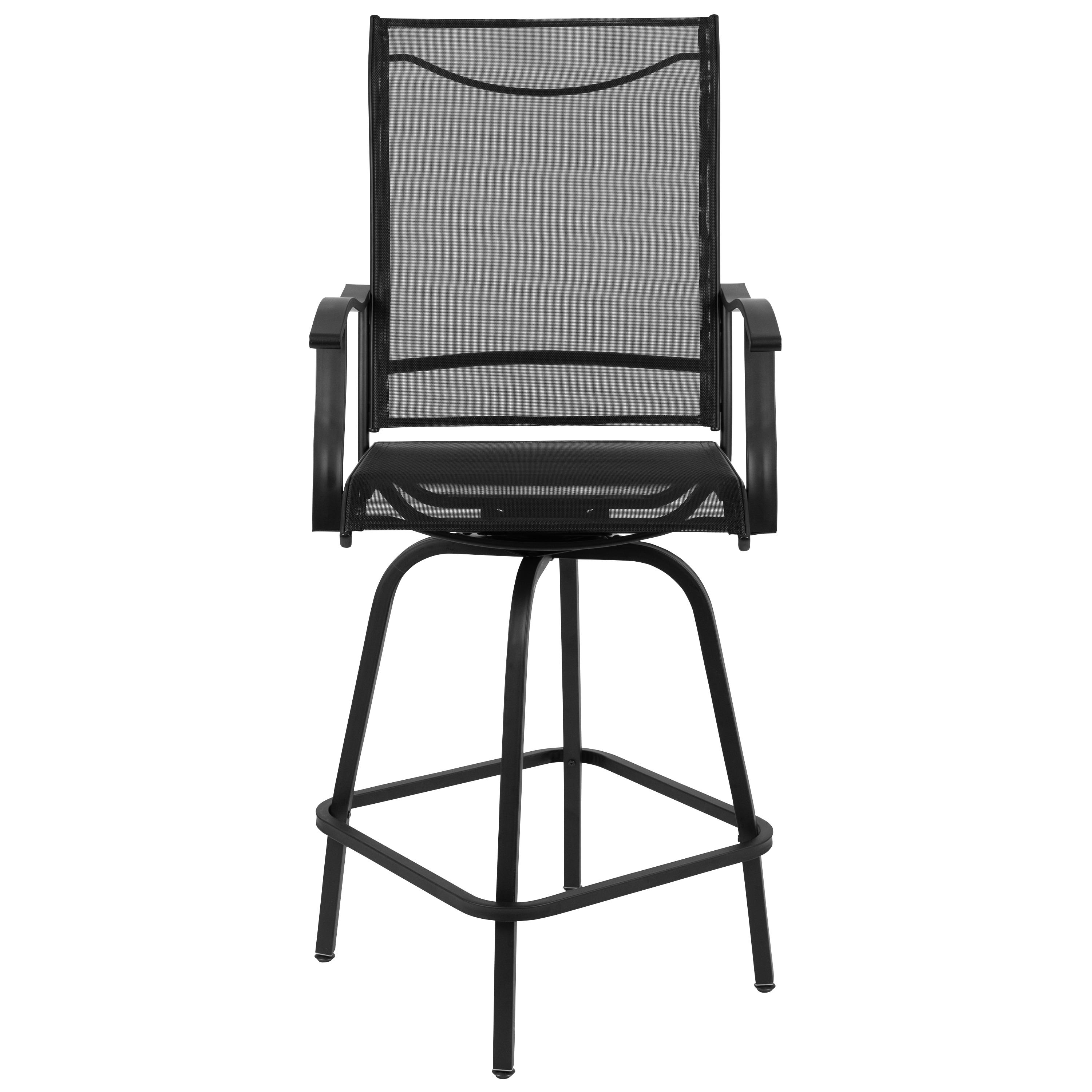 Flash Furniture Patio Bar Height Stools Set of 2, All-Weather Textilene Swivel Patio Stools and Deck Chairs with High Back & Armrests in Black