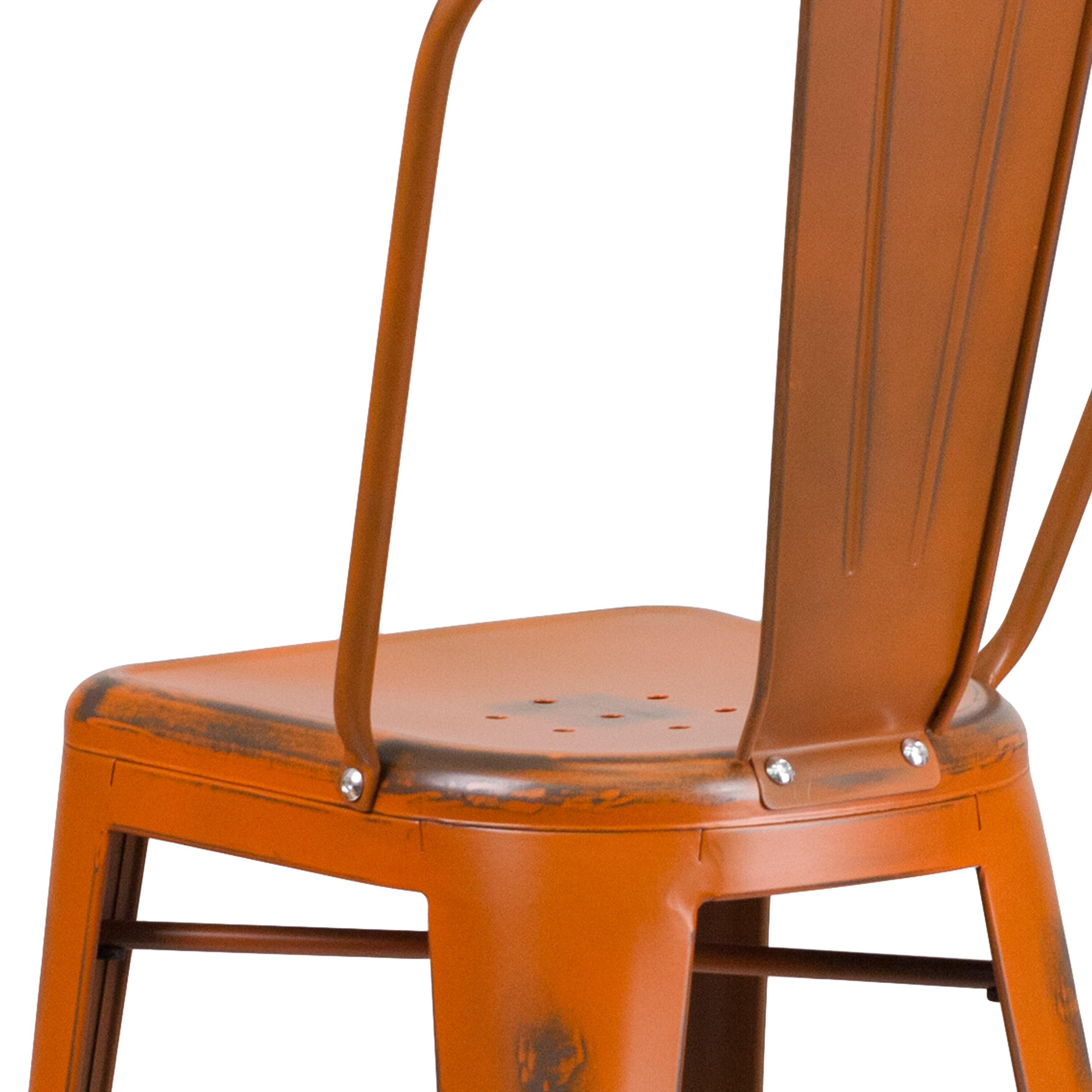 Flash Furniture Commercial Grade 30" High Distressed Orange Metal Indoor-Outdoor Barstool with Back