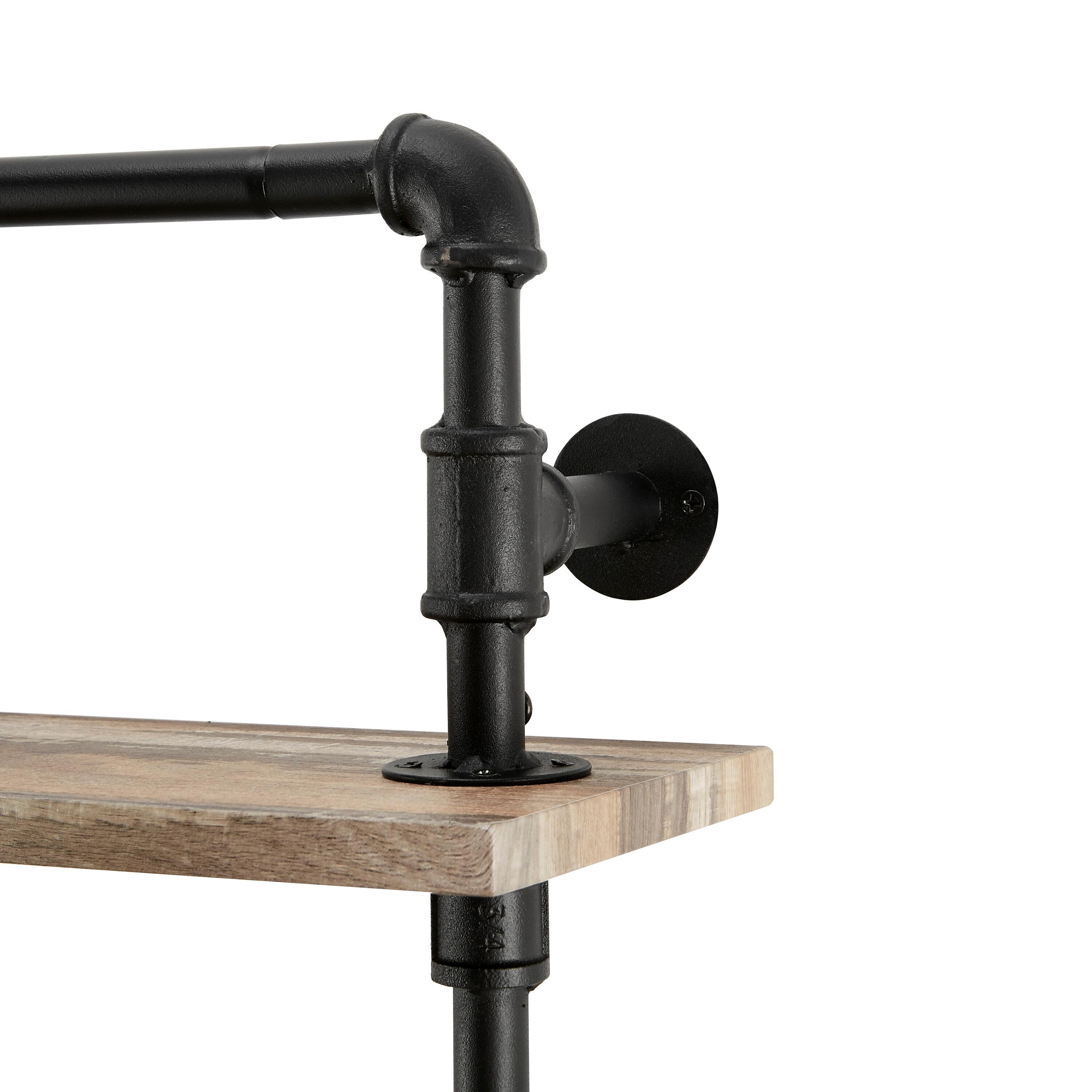 Danya B. 2-Tier Olivia Pipe Wall Shelf Unit with Hanging Rod Black/Rustic: Laminated Iron Storage, Includes Mounting Hardware