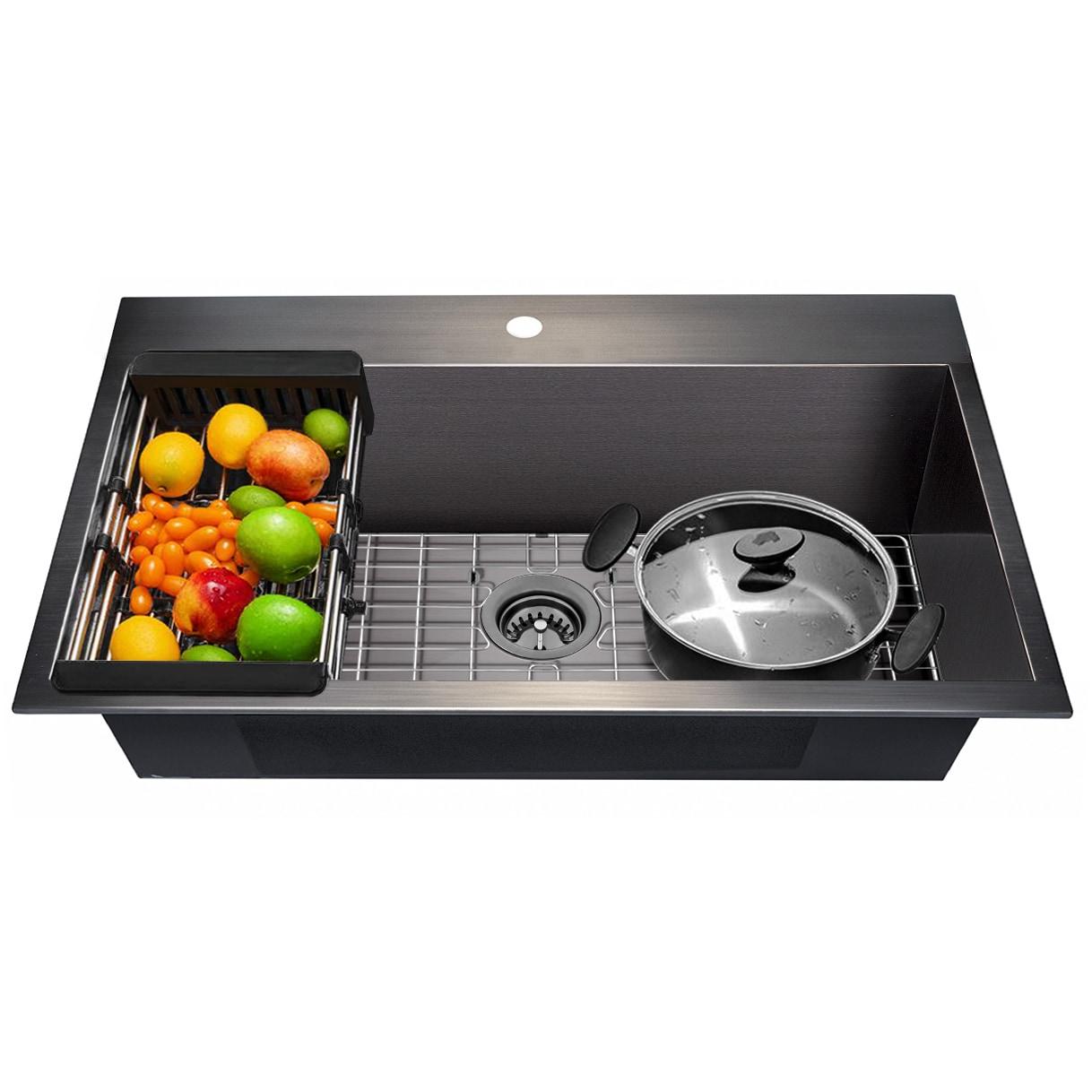 Drop-In 33-in x 22-in Gunmetal Black Stainless Steel Single Bowl 1-Hole Kitchen Sink All-in-one Kit