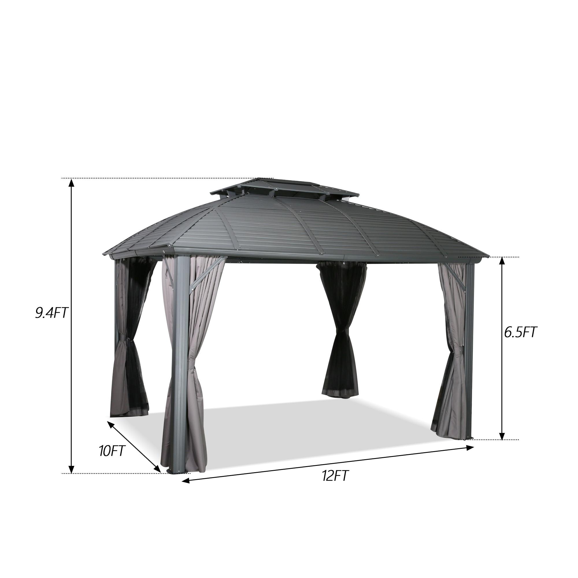 Sunmthink Patio 10x12 ft. Hardtop Gazebo, Double Roof Aluminum Frame with Netting and Curtains, Gray