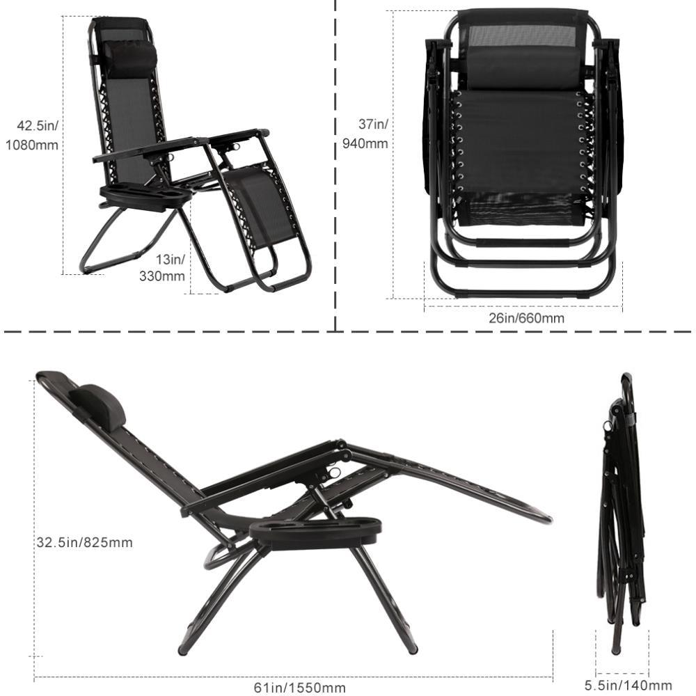 FDW Zero Gravity Lawn Lounge Chairs Set of 2 with Pillow and Cup Holder - Adjustable Reclining Folding Outdoor Chairs for Deck, Beach, Yard,Black