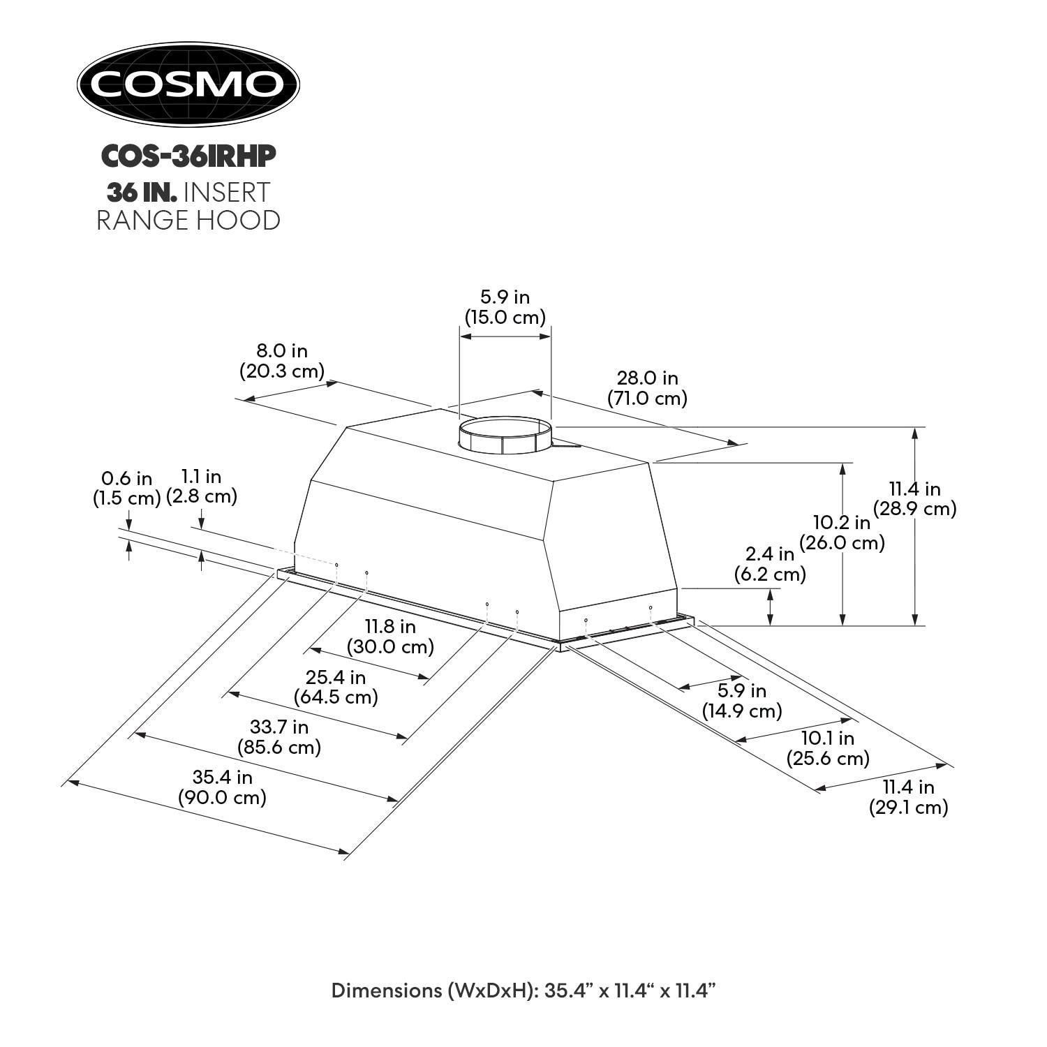 Cosmo 36 in. Insert Range Hood w/ Push Button Controls, 3-speed Fan, LED Lights and Permanent Filter