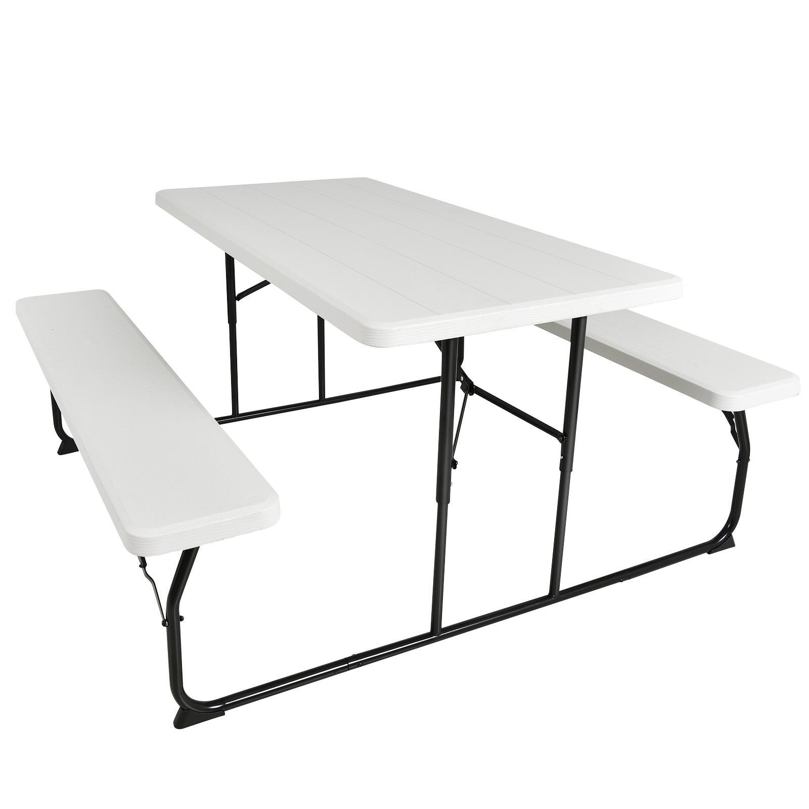 White Plastic Folding Picnic Table Bench Set with Wood-Like Texture