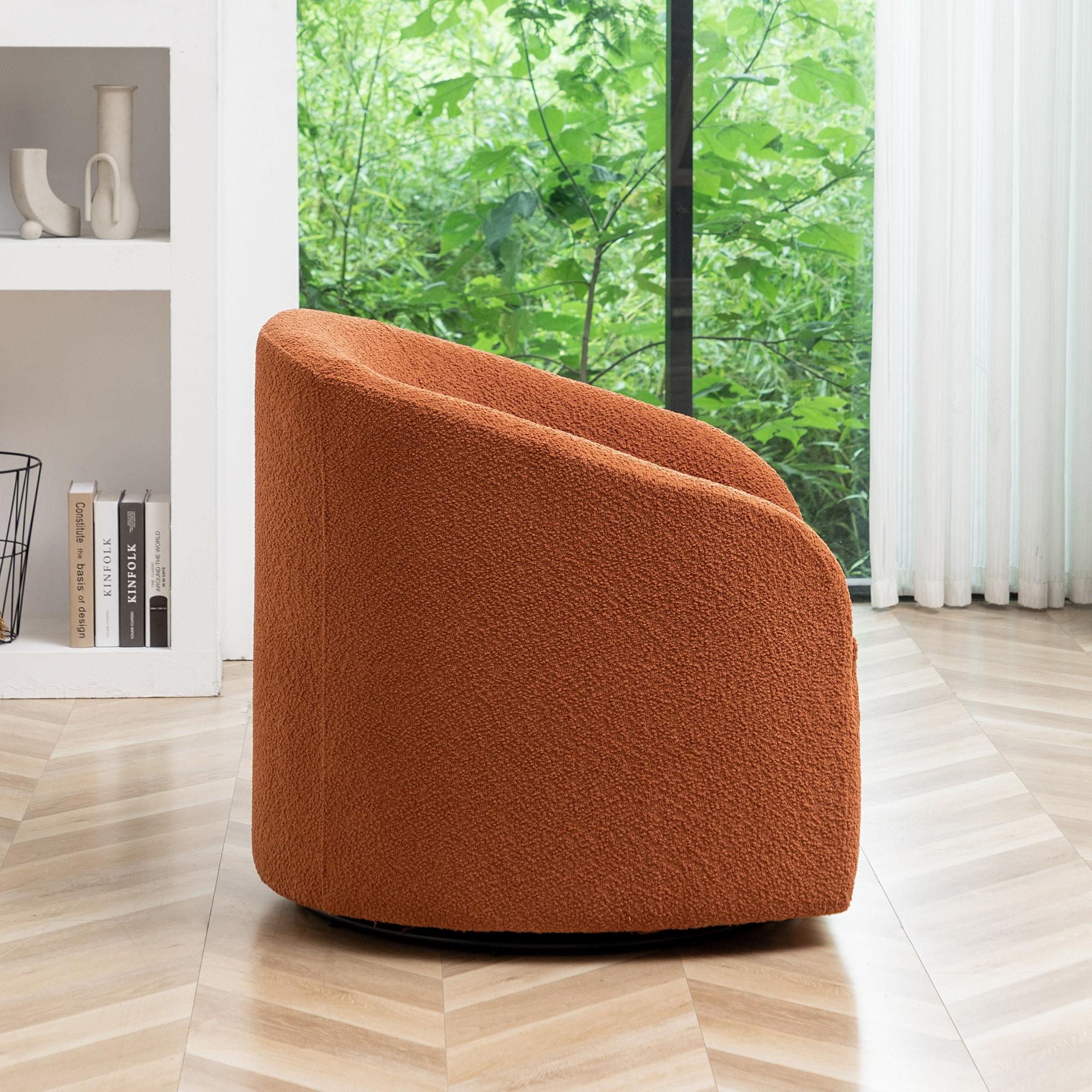 Kinwell 32" Wide Boucle Upholstered Swivel Barrel Chair Caramel: Mid-Century Modern, No Assembly Required