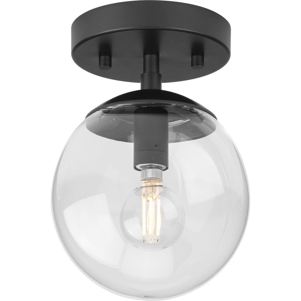 Progress Lighting Atwell 1-Light Flush Mount Ceiling Light in Matte Black with Clear Glass Globe Shade