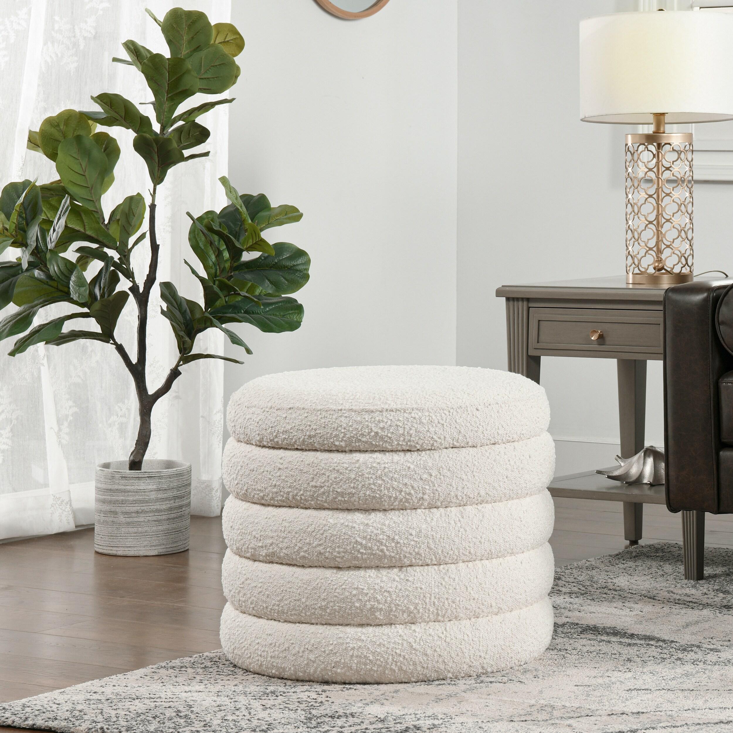 NicBex Modern 19" Round Storage Ottoman Wood Footstools with Boucle Fabric for Bedroom and Living Room, White
