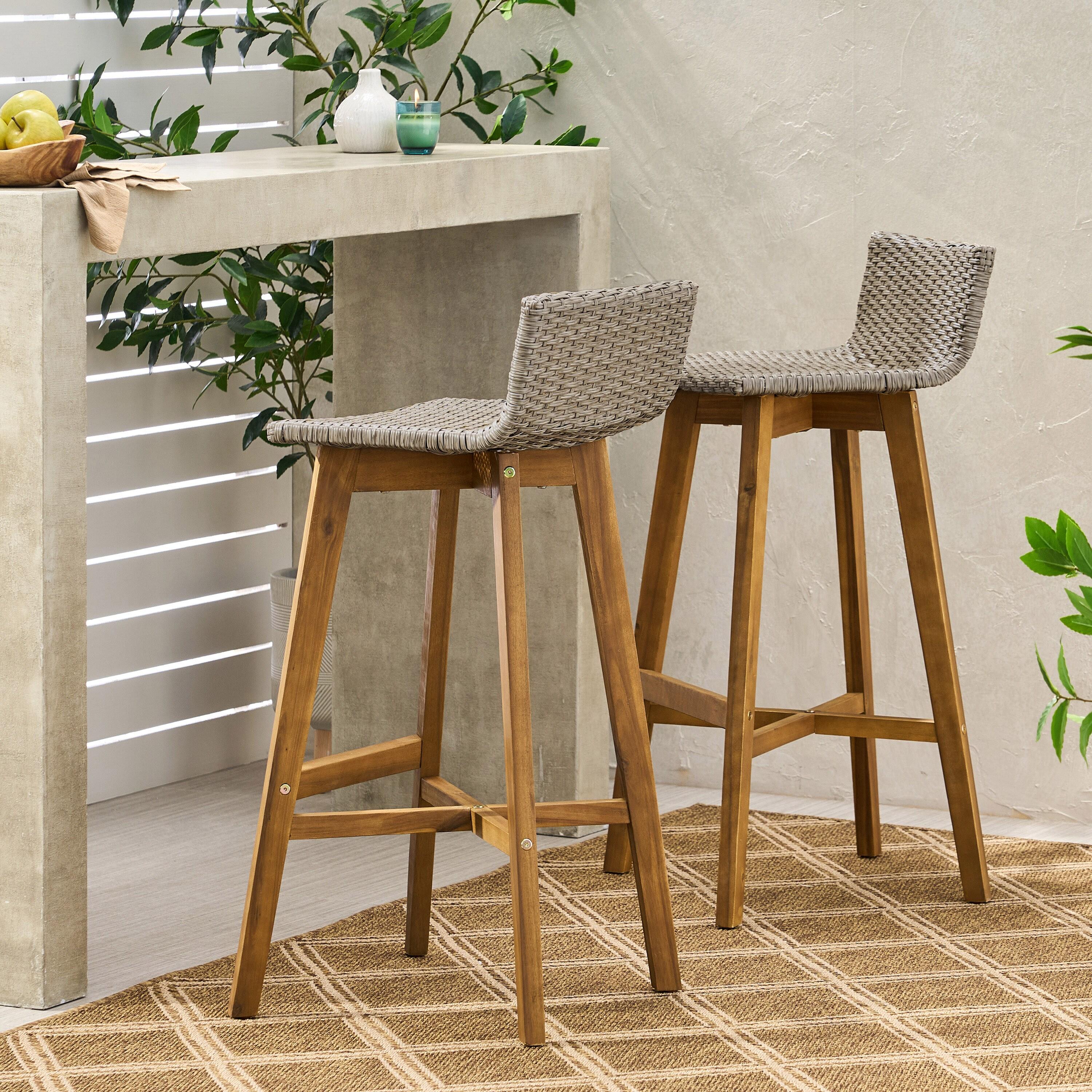 2pk La Brea Acacia Wood & Wicker Patio Barstools Brown / Teak - Christopher Knight Home