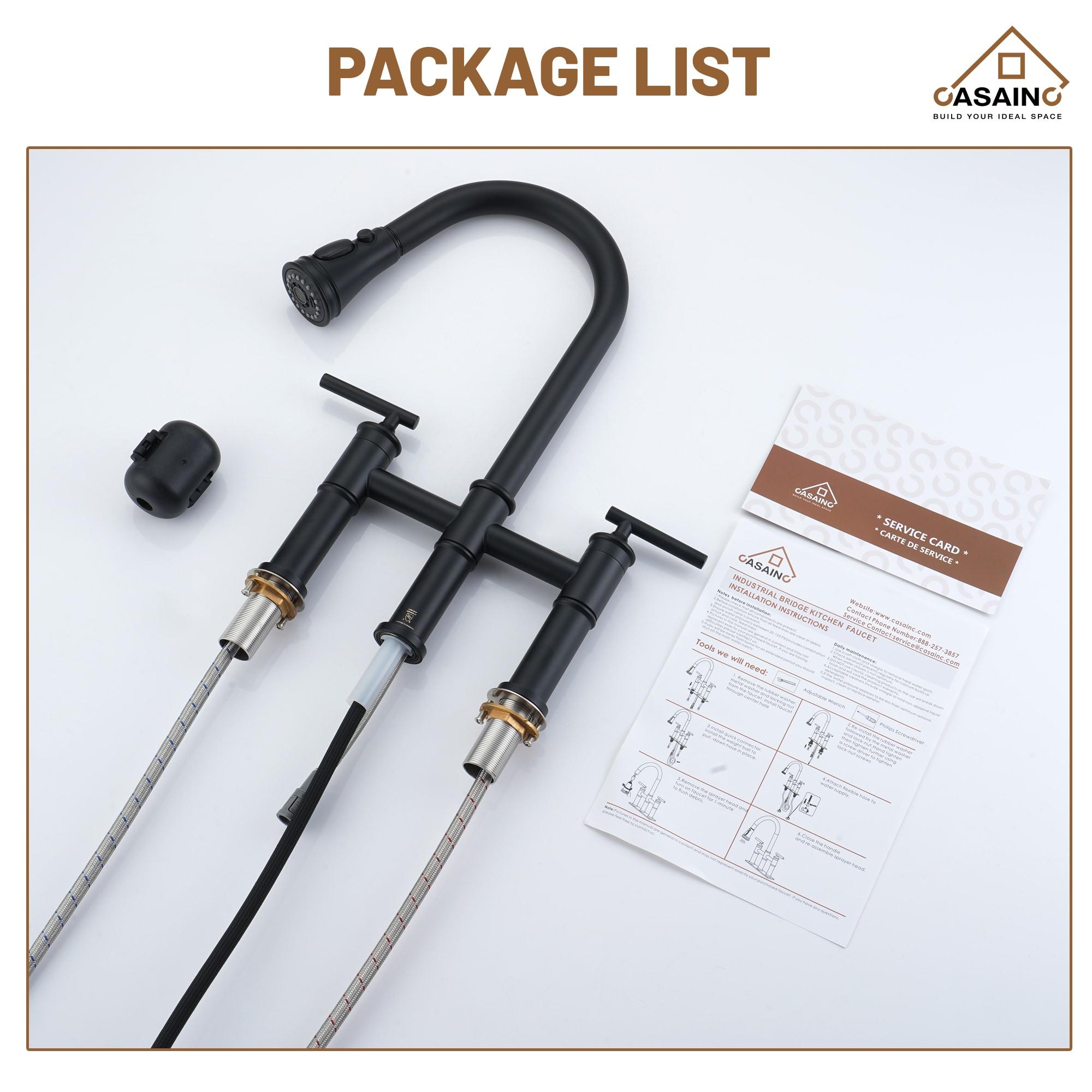 CASAINC Sleek 2-Handle Bridge Kitchen Faucet with Three Function Pull-Down Sprayhead 1.8 GPM KCLT0001-MB