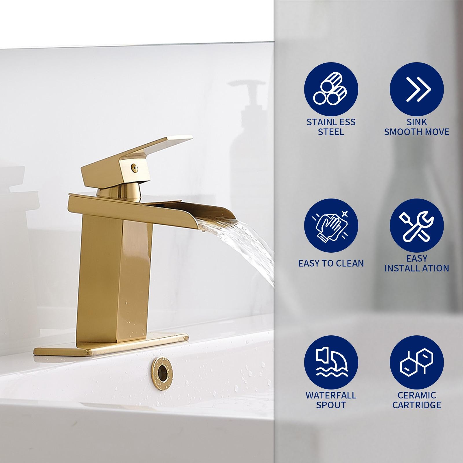 BWE Waterfall Single Hole Single-Handle Low-Arc Bathroom Faucet With Supply Line and Escutcheon