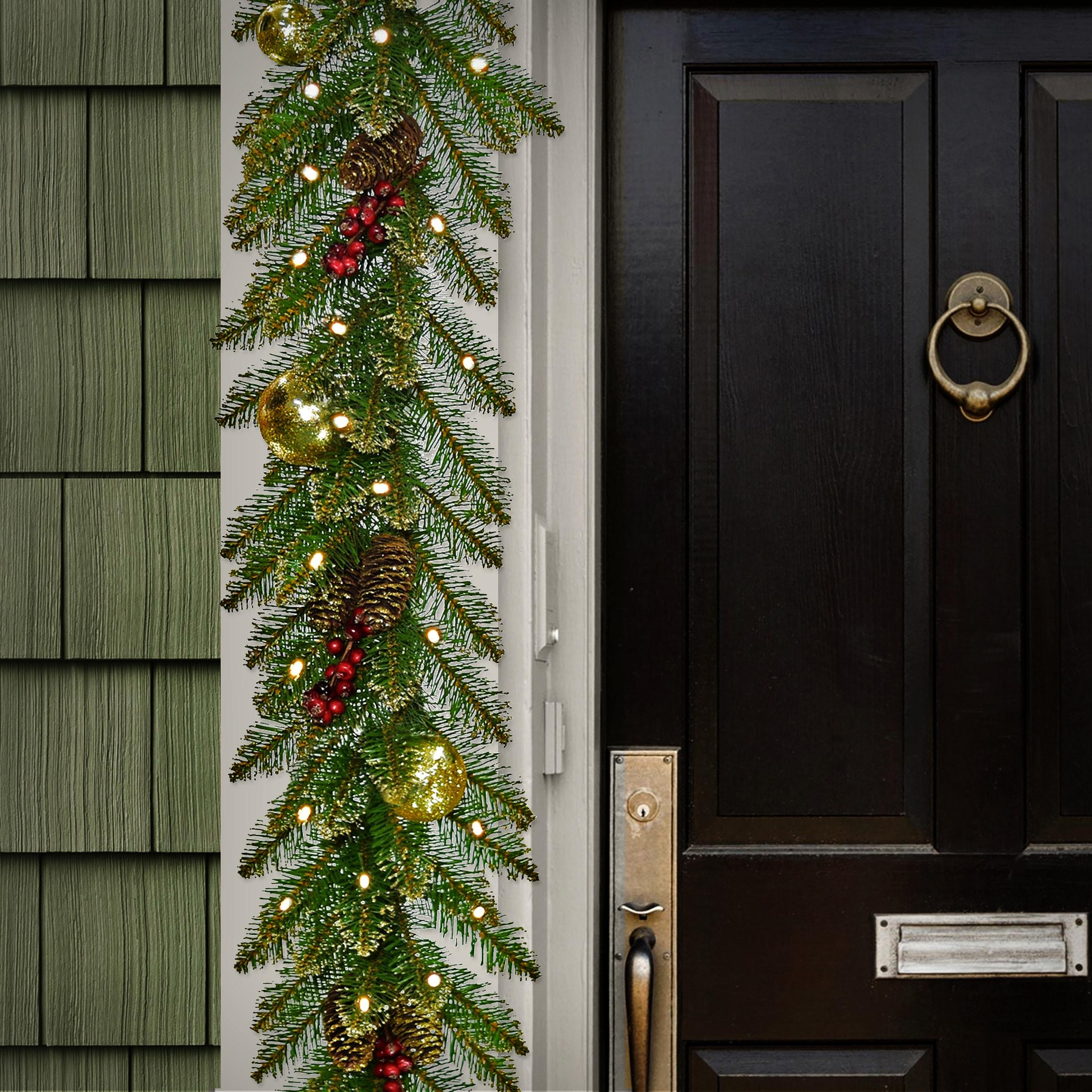 The Holiday Aisle® 9 ft. Glittery Gold Dunhill Fir Garland with Battery Operated LED Lights