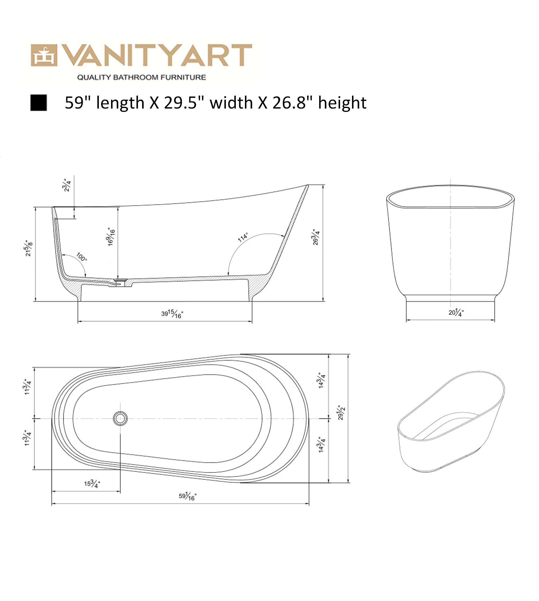 59'' x 30'' Freestanding Soaking Solid Surface Bathtub