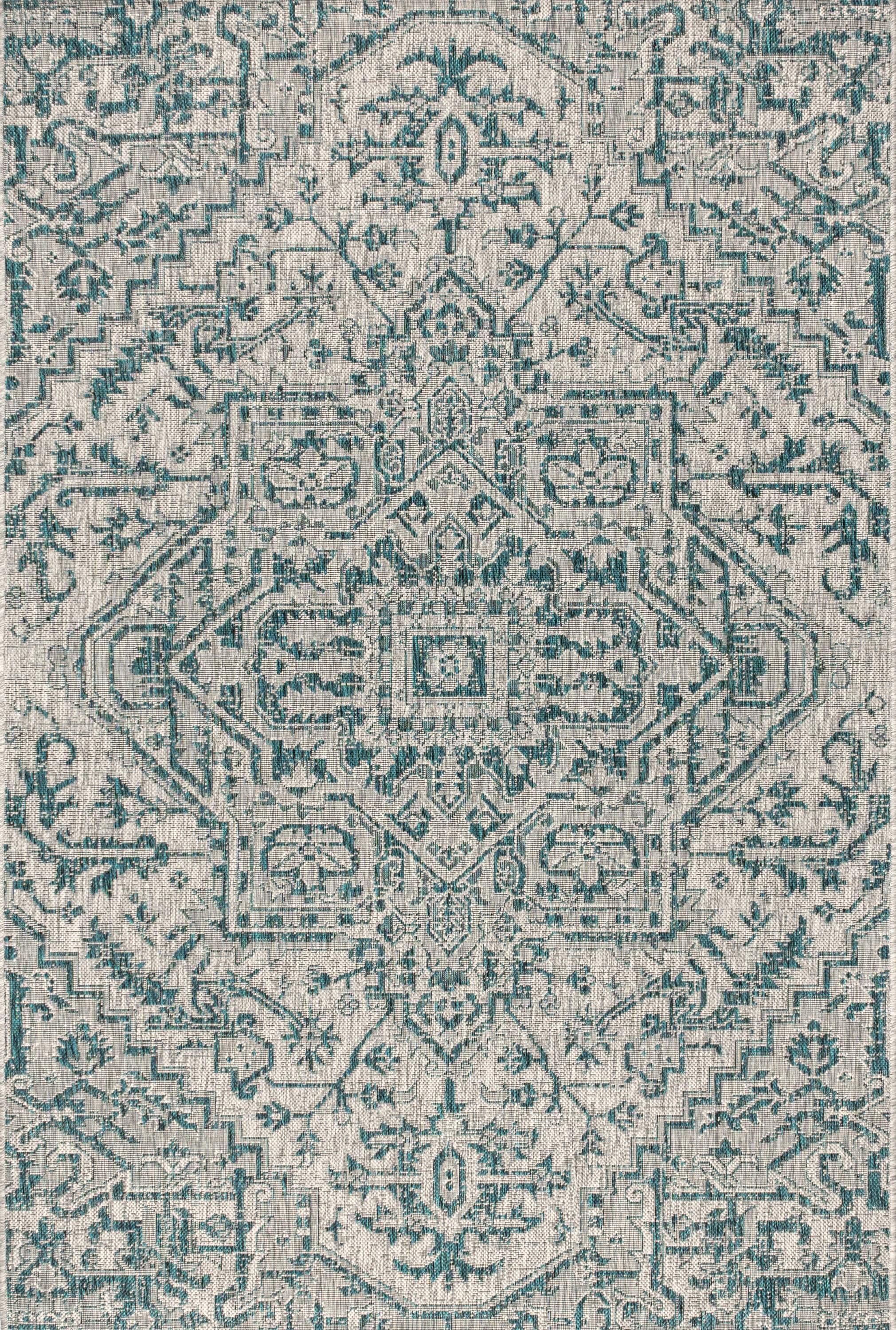 8'x10' Estrella Bohemian Medallion Textured Weave Indoor/Outdoor Area Rug, Teal/Gray - JONATHAN Y