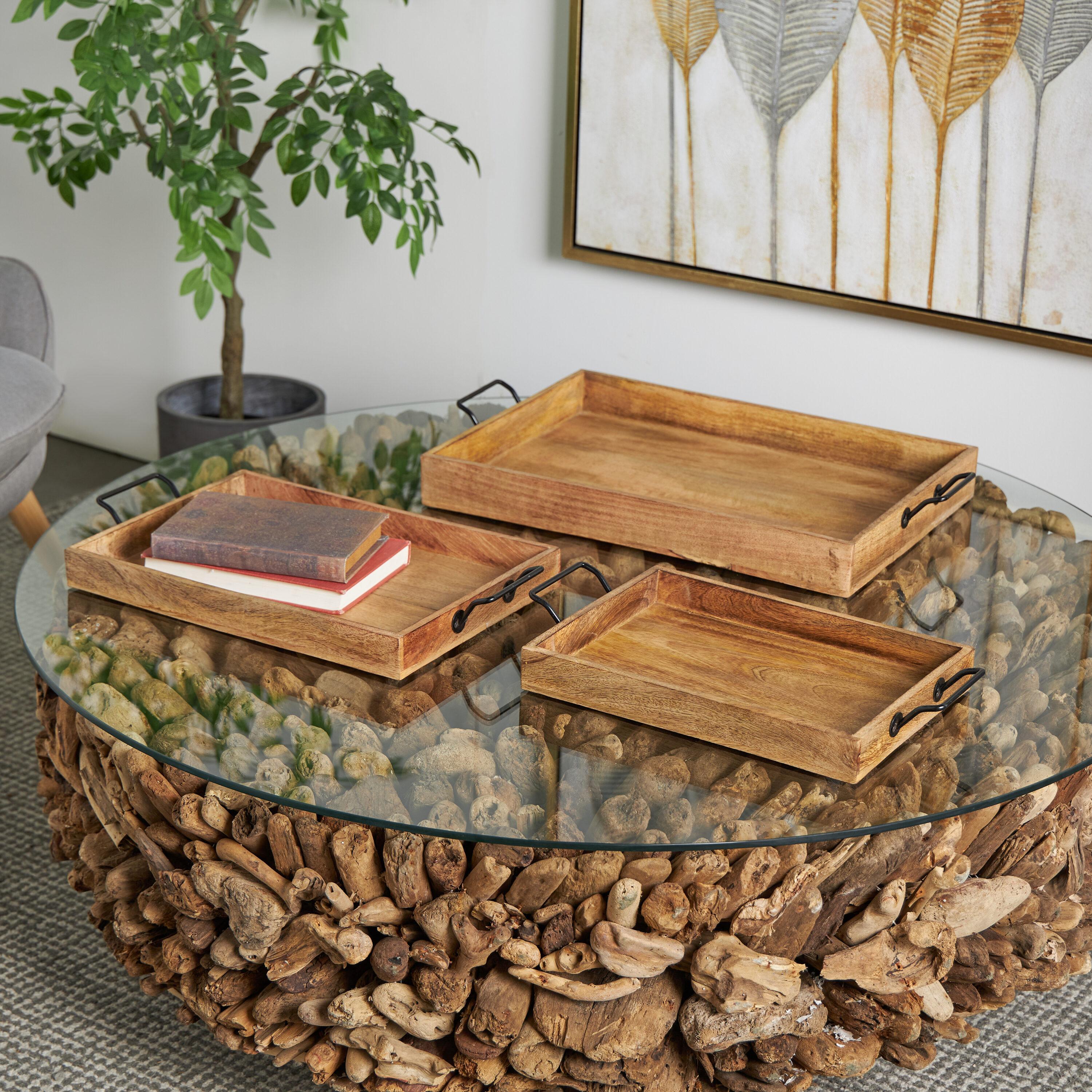 Set of 3 Farmhouse Slat Style Mango Wood and Iron Trays Brown - Olivia & May: Ottoman, Basket Design, 24-Inch