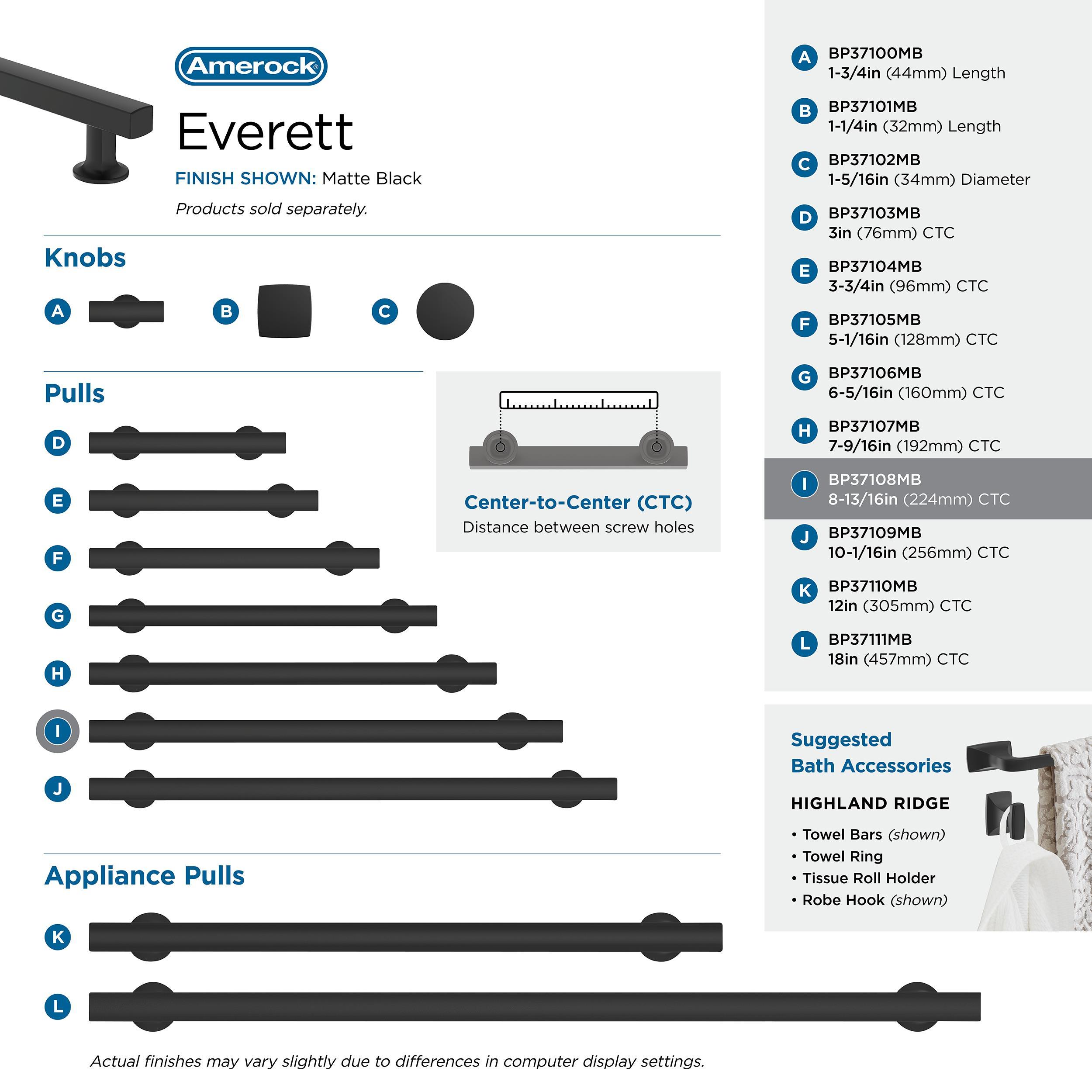 Amerock Everett 8-13/16 inch (224mm) Center-to-Center Matte Black Cabinet Pull