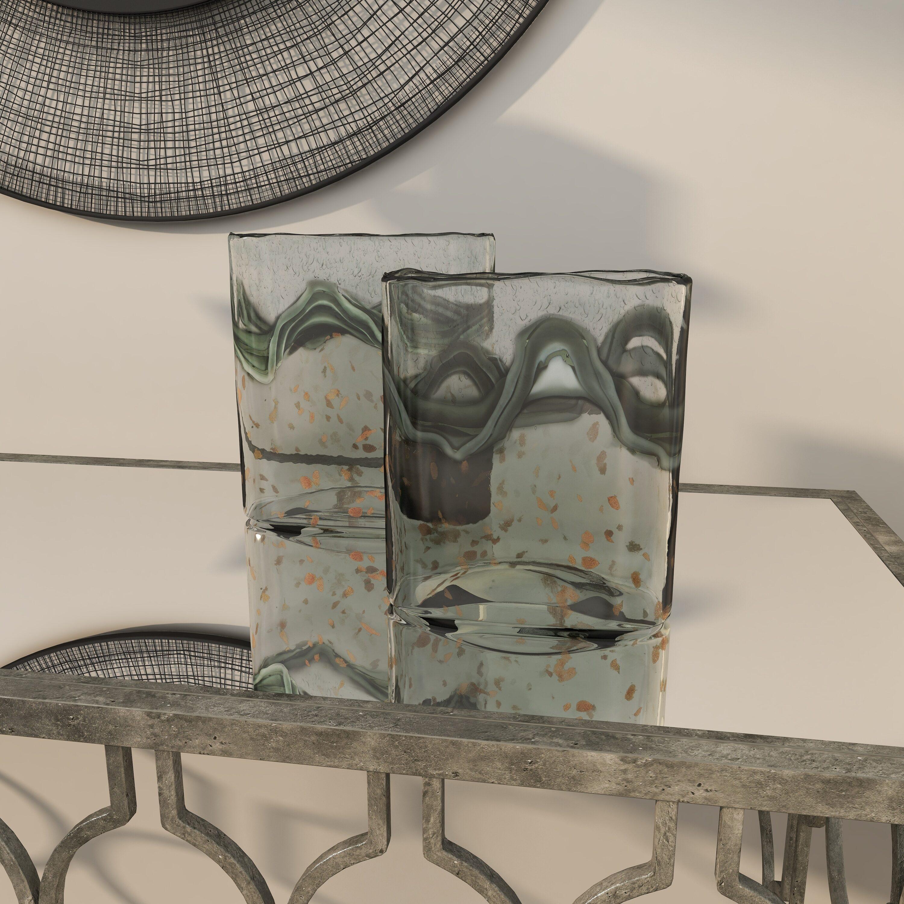 DecMode 9", 8"H Handmade Blown Gray Glass Vase with Speckled Wave Design, Set of 2