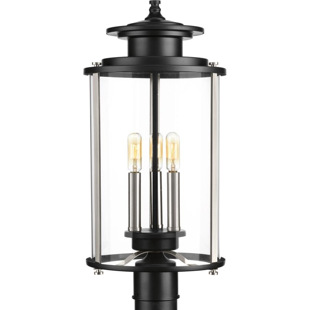 Progress Lighting, Squire Collection, 3-Light Post Lantern, Black Finish, Clear Glass Shade