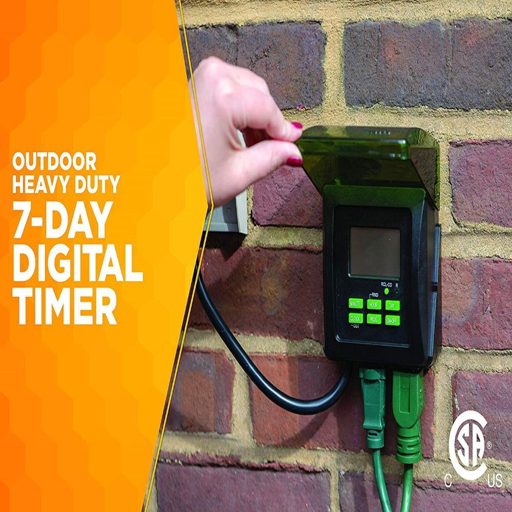 Woods 50015WD Outdoor 7-Day Heavy Duty Digital Plug-in Timer, 2 Grounded Outlets, Weatherproof, Perfect for Automating Holiday/Christmas Lights, Energy Saving Precision Programming, Black & Green