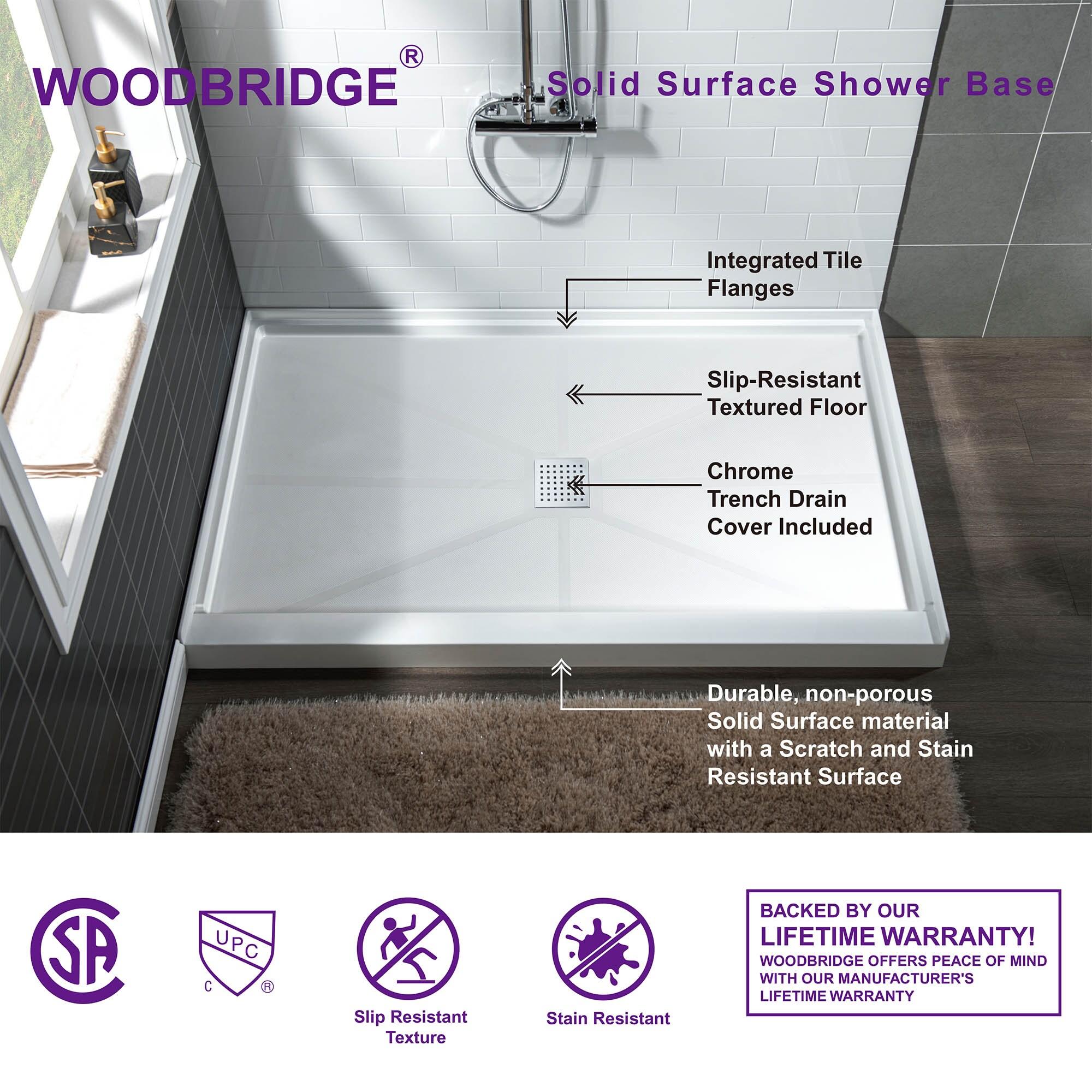 48" W x 36" Solid Surface Single Threshold Shower Pan Base with Drain Assembly & Drain Cover Included, Non-Slip