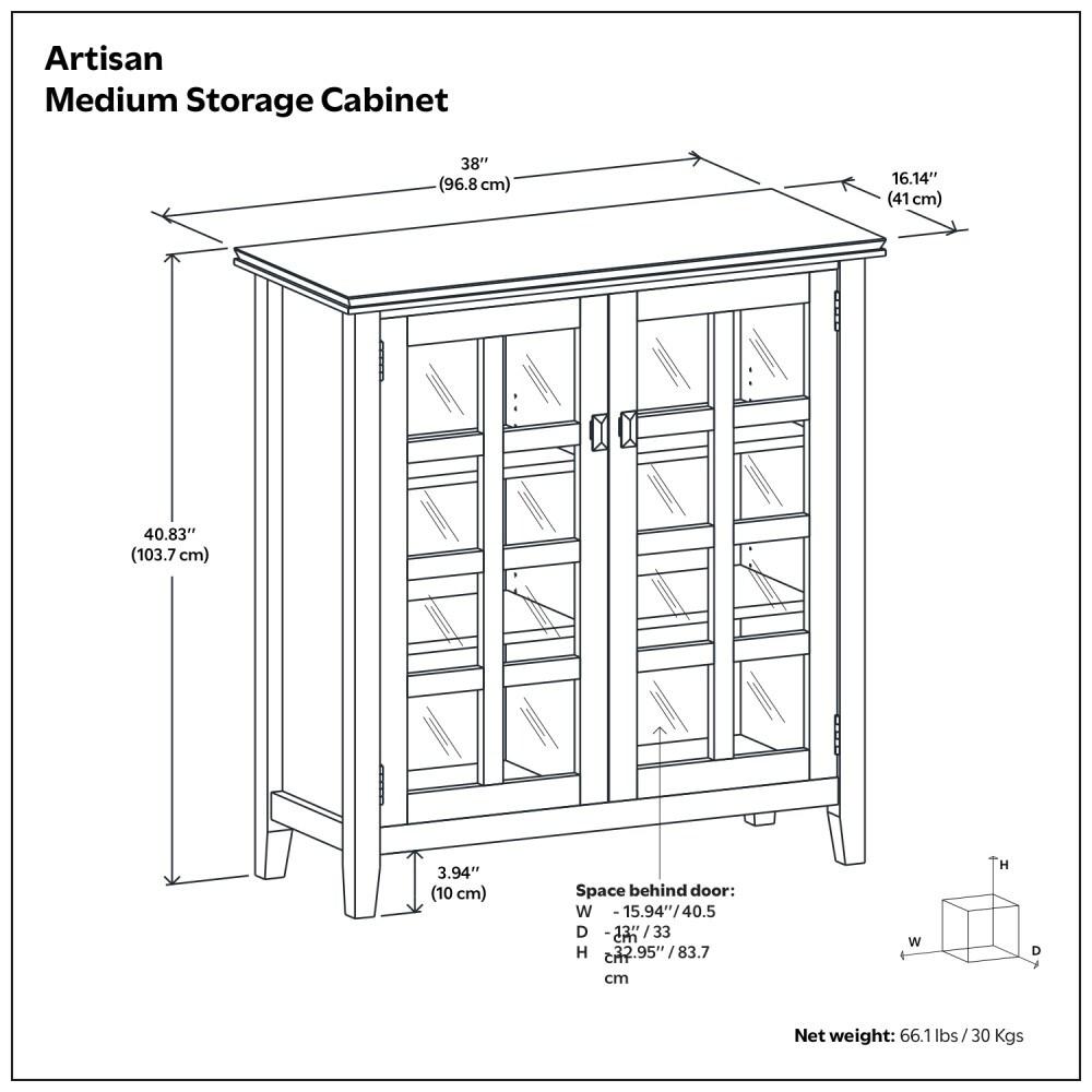 Simpli Home Artisan 38"W Solid Wood 4-Shelf Medium Storage Cabinet with Glass Doors and Adjustable Shelves