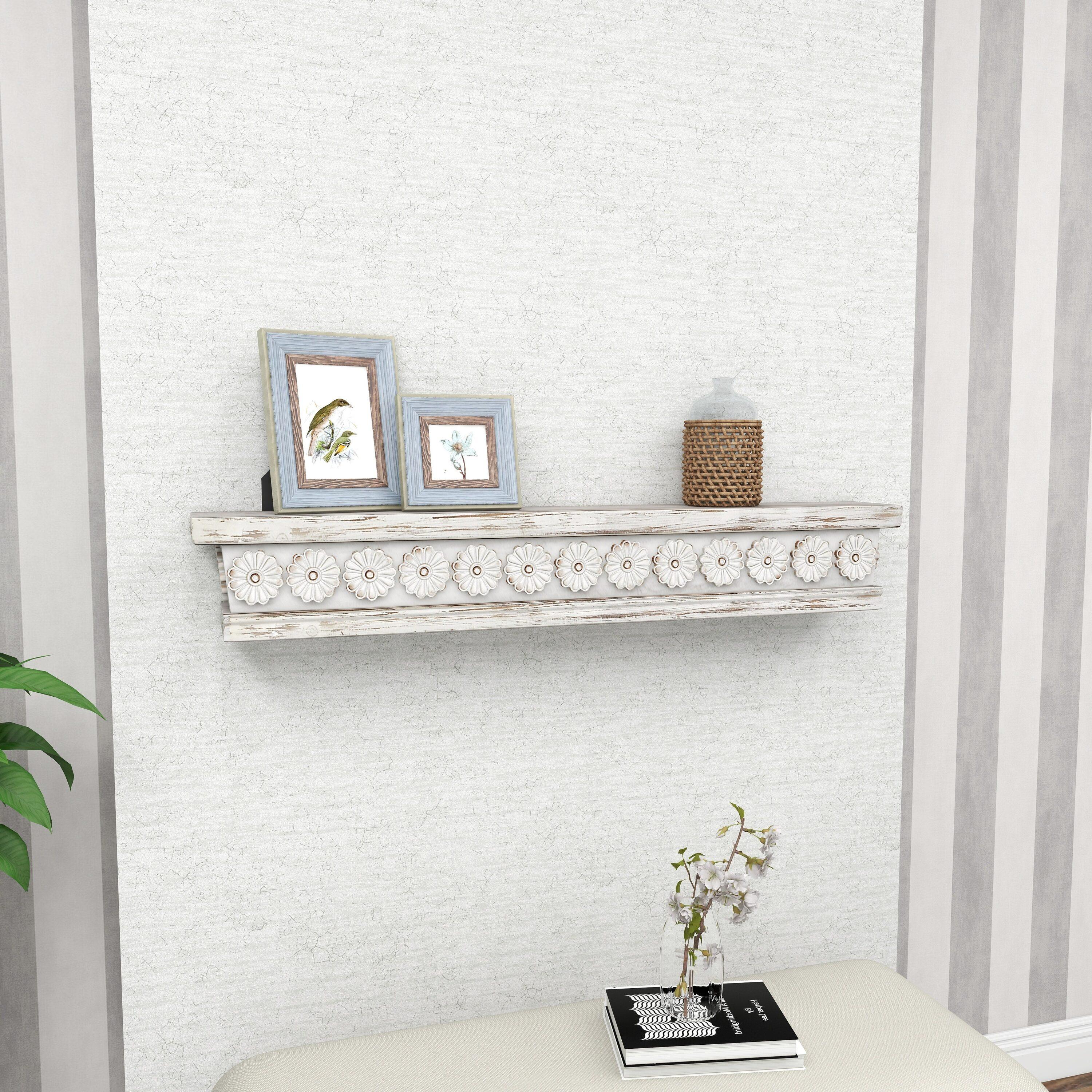 DecMode 36" x 5" Intricate Carved 1-Tier White Floral Wall Shelf