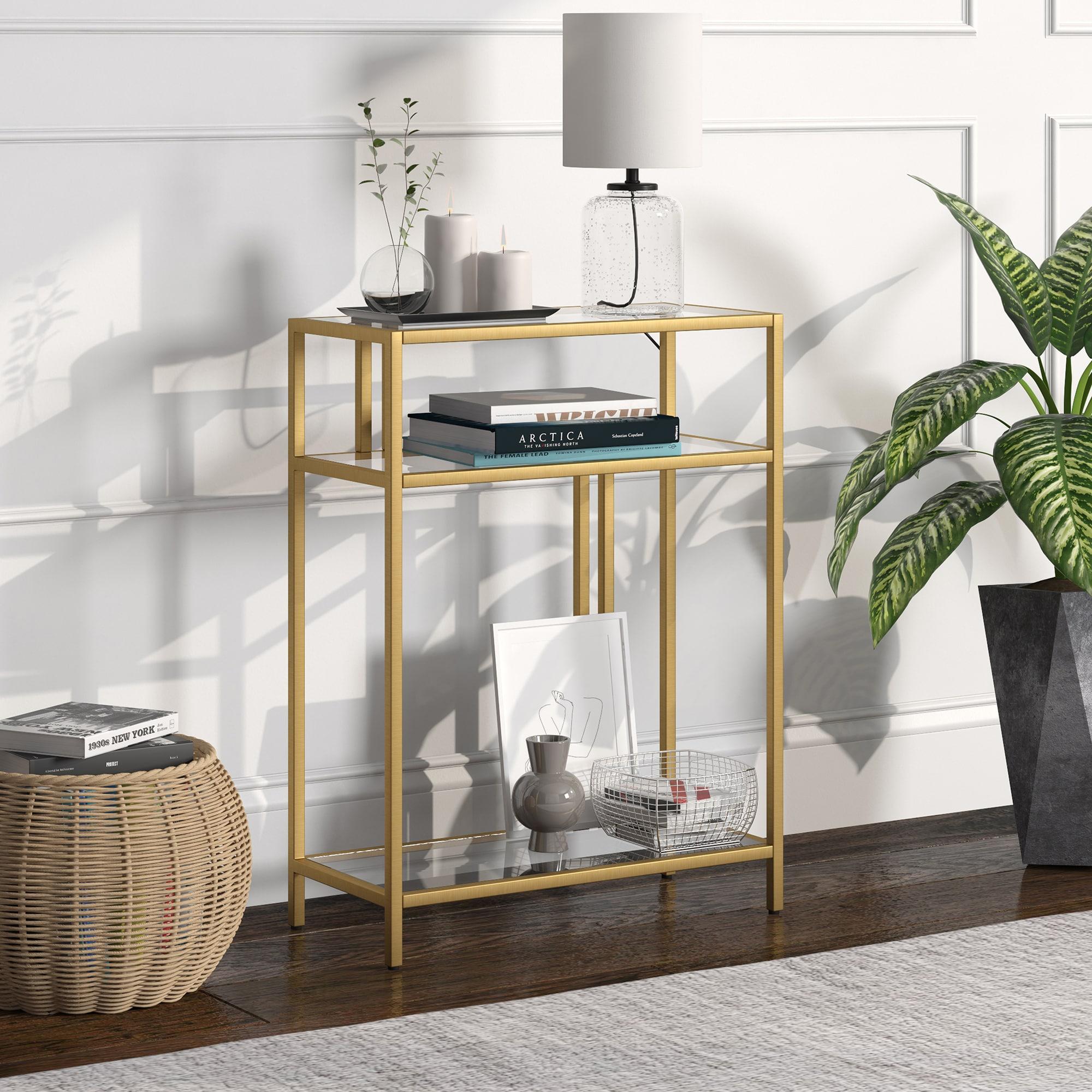 Evelyn&Zoe Cortland 22" Wide Rectangular Console Table with Glass Shelves, Brass