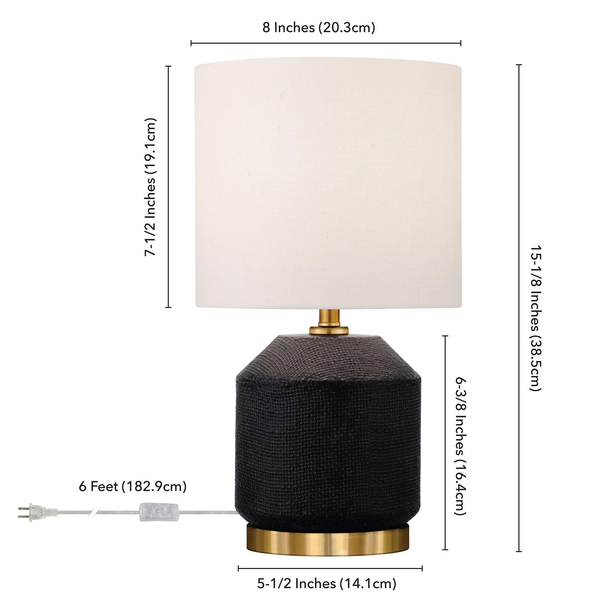 Evelyn&Zoe Esther 15" Tall Textured Ceramic Mini Lamp with Fabric Shade, Matte Black/Antique Brass/White
