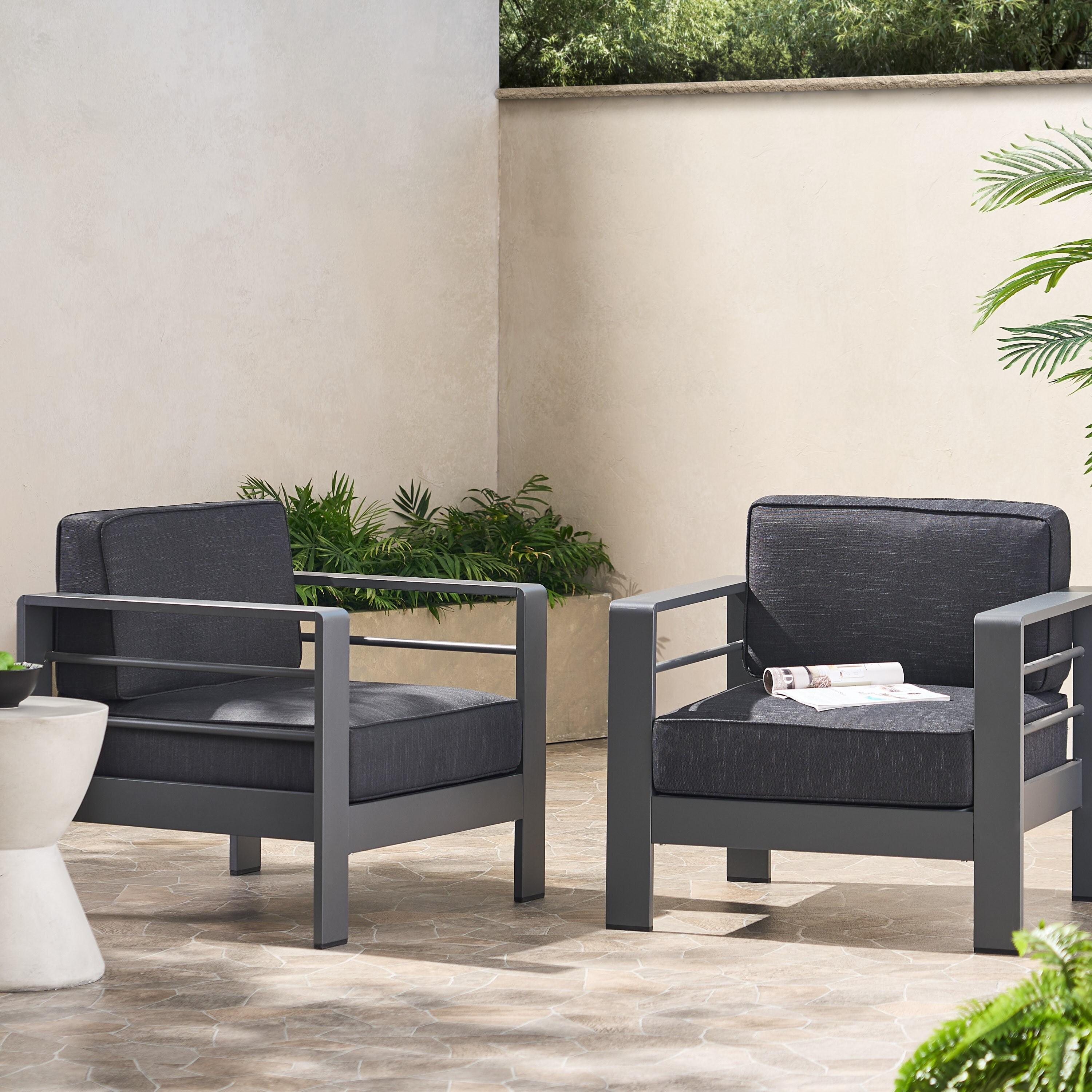Grady Outdoor Aluminum Club Chairs with Water Resistant Cushions, Set of 2, Grey, Dark Grey