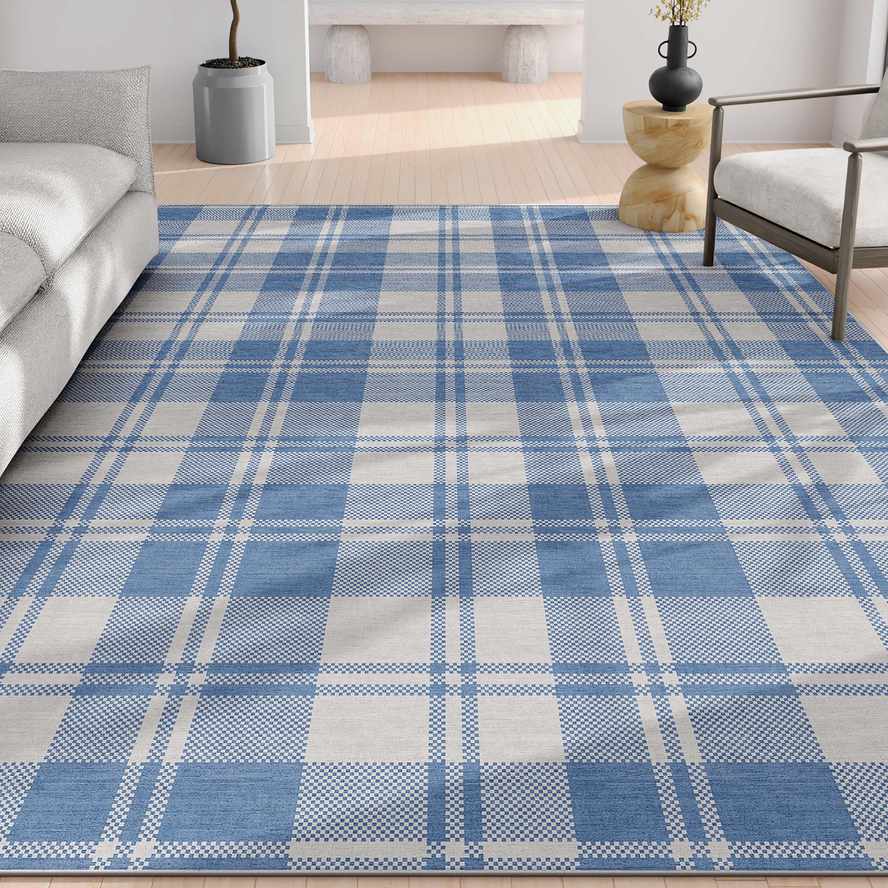 Well Woven Apollo Plaid Modern Blue Flat Pile Easy to Clean 5' x 7' Area Rug for Living Room Dining Room Bedroom and Kitchen
