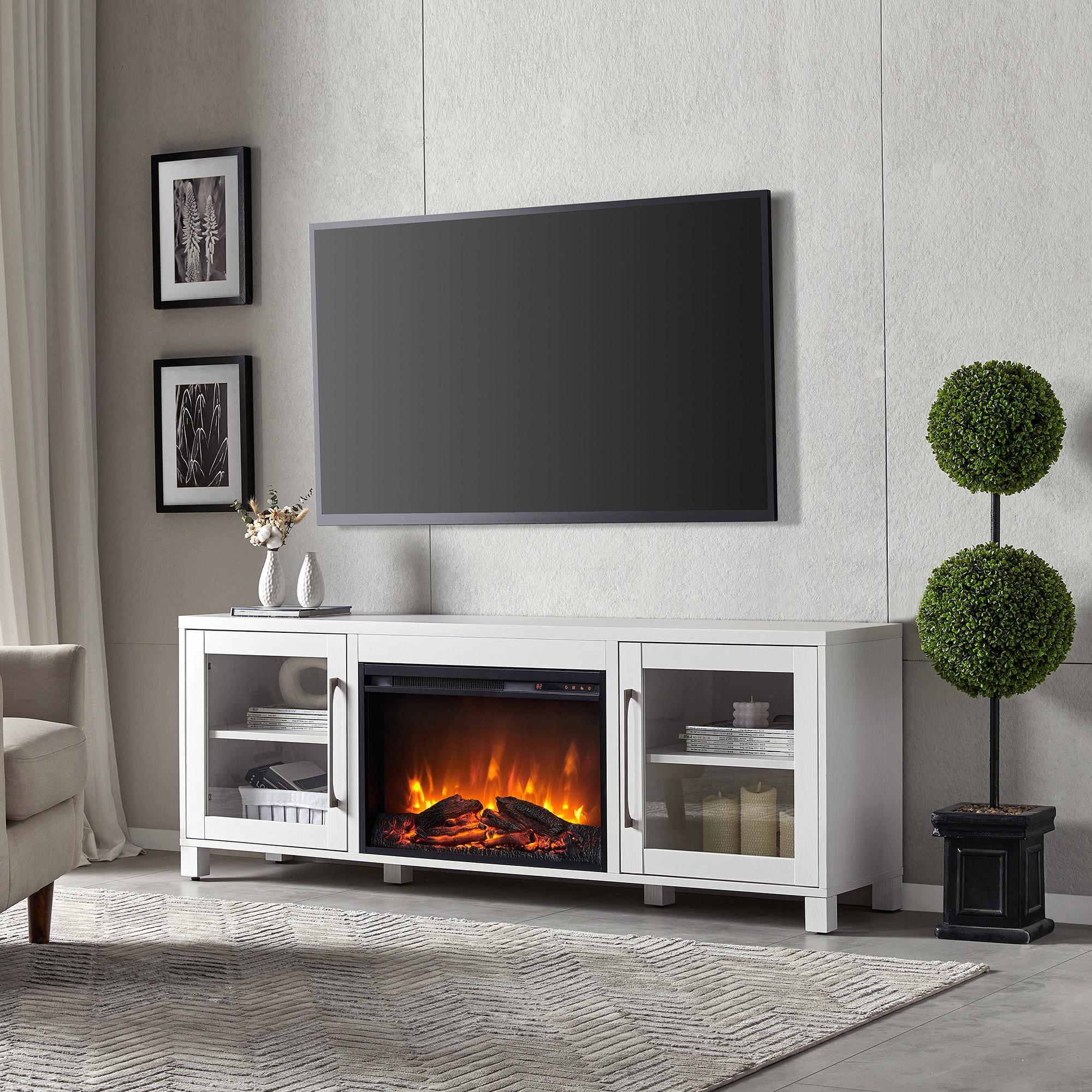 Evelyn&Zoe Quincy Rectangular TV Stand with 26" Log Fireplace for TV's up to 75", White