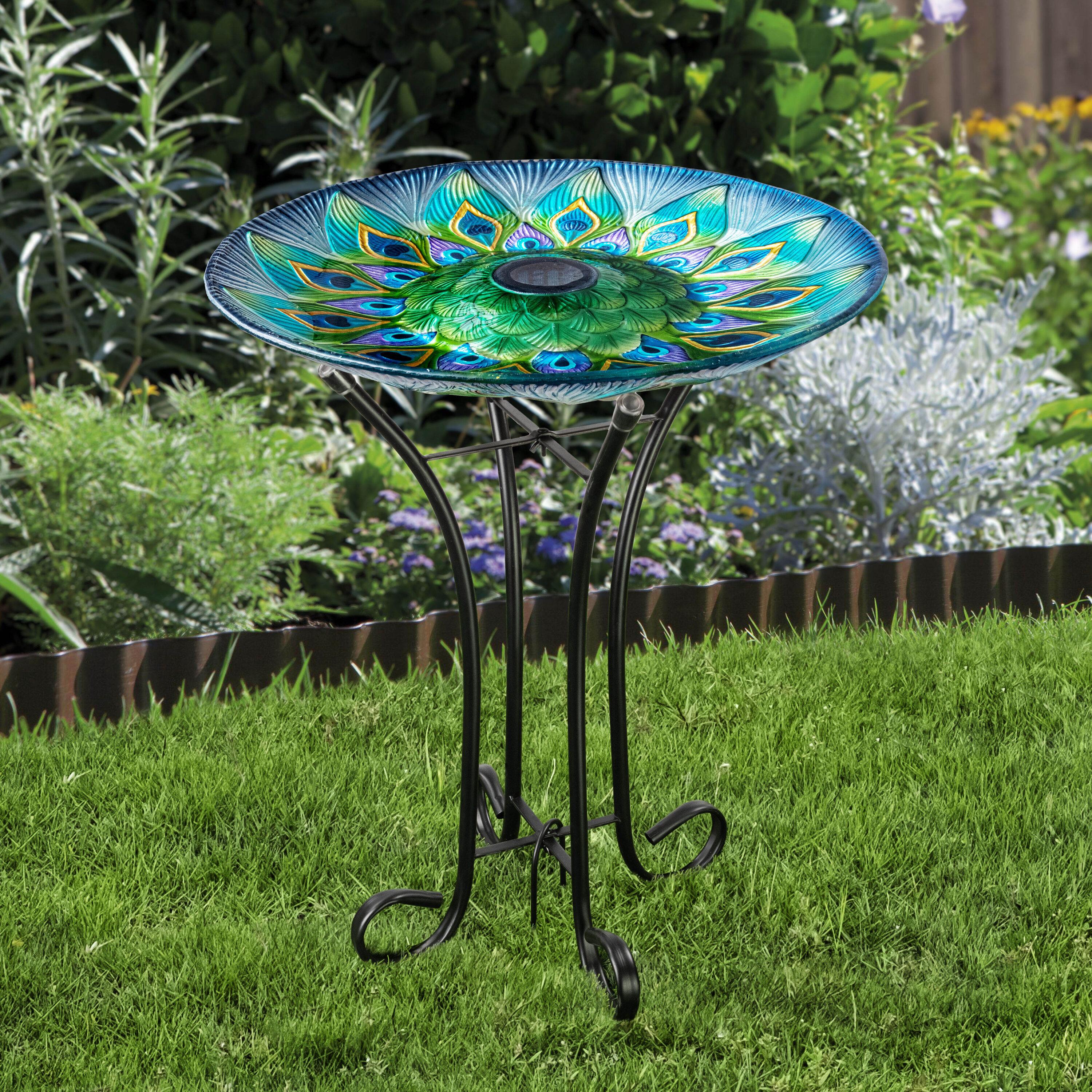 Teamson Home 17.8" Round Detailed Fusion Glass Birdbath with Solar-Powered Light