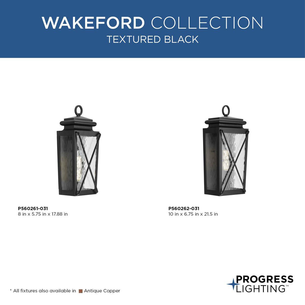 Progress Lighting Wakeford 1-Light Outdoor Textured Black Wall Lantern with Water Glass Shade