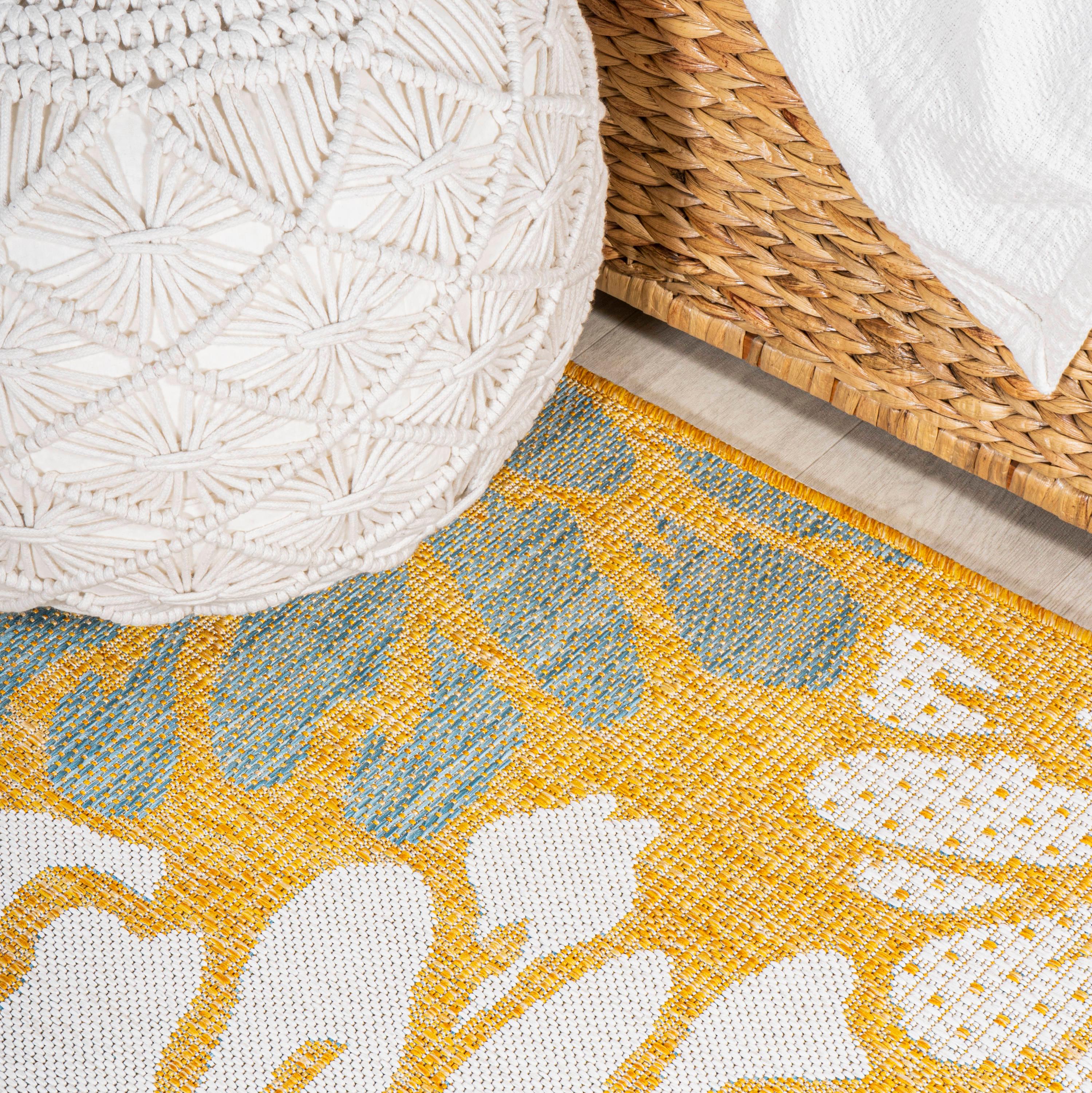 5' x 5' Zinnia Modern Floral Textured Weave Indoor/Outdoor Area Rug, Yellow/Cream - JONATHAN Y