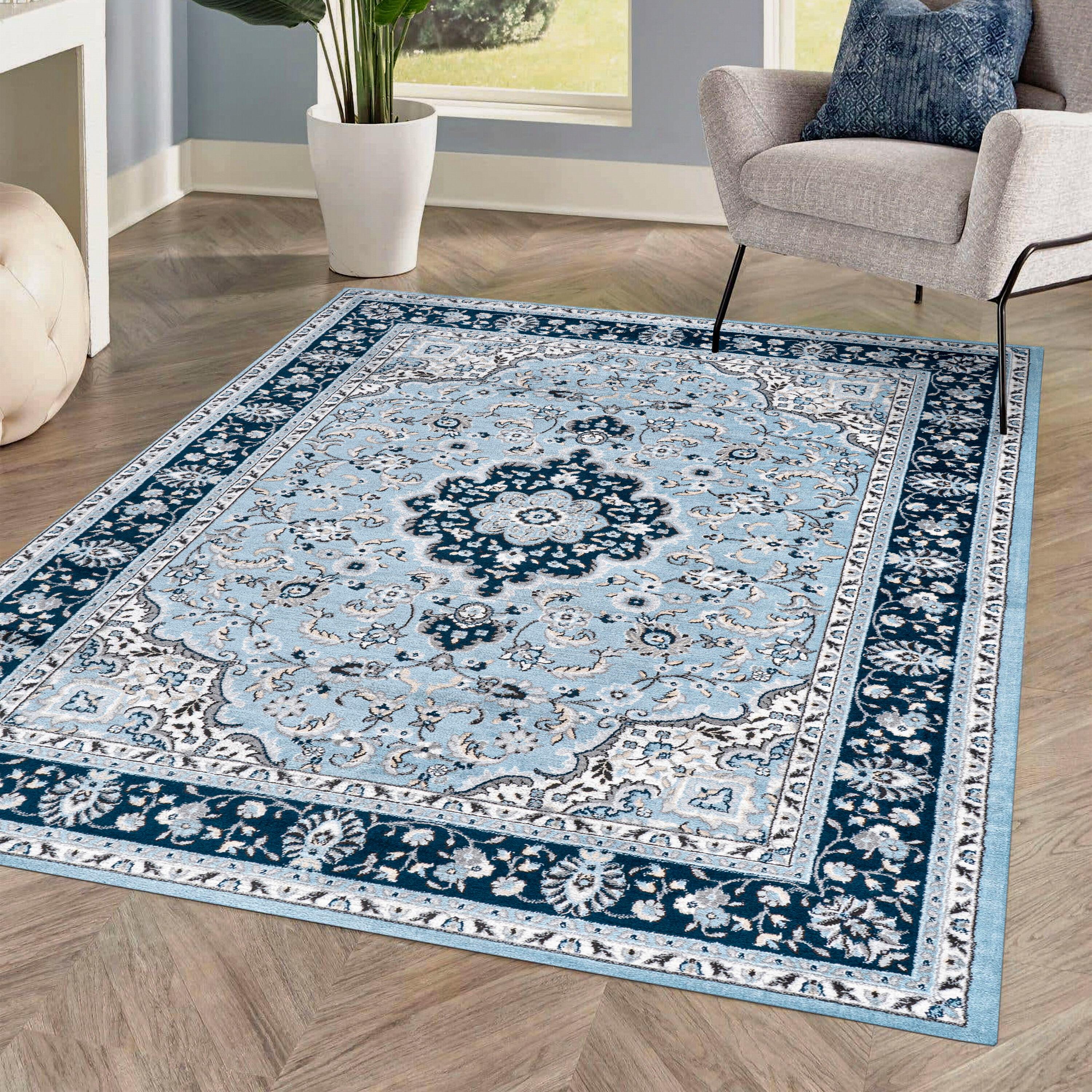 4'x 6' Palmette Modern Persian Floral Area Rug, Blue/Navy - JONATHAN Y