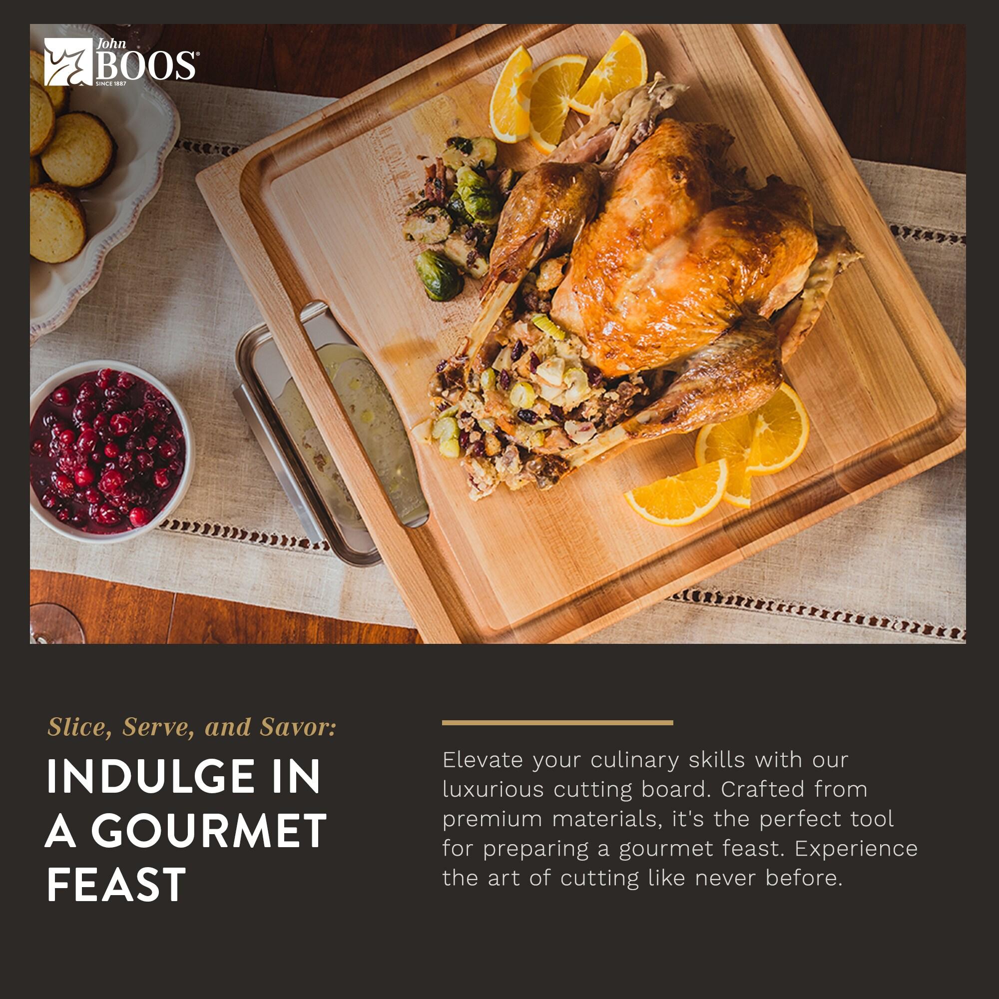 John Boos Boos Block Newton Prep Master Reversible Wood Cutting Board with Juice Groove and Pan, 2.25-Inch Thickness, 15" x 14" x 2 1/4", Maple