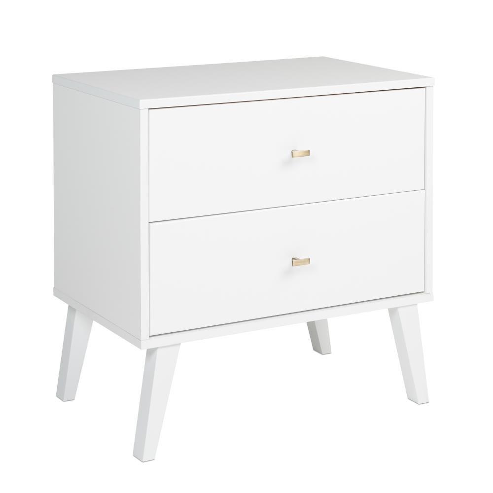 Mid Century Modern 2 Drawer Wide Nightstand White - Prepac: Sleek Bedside Table, Tapered Legs
