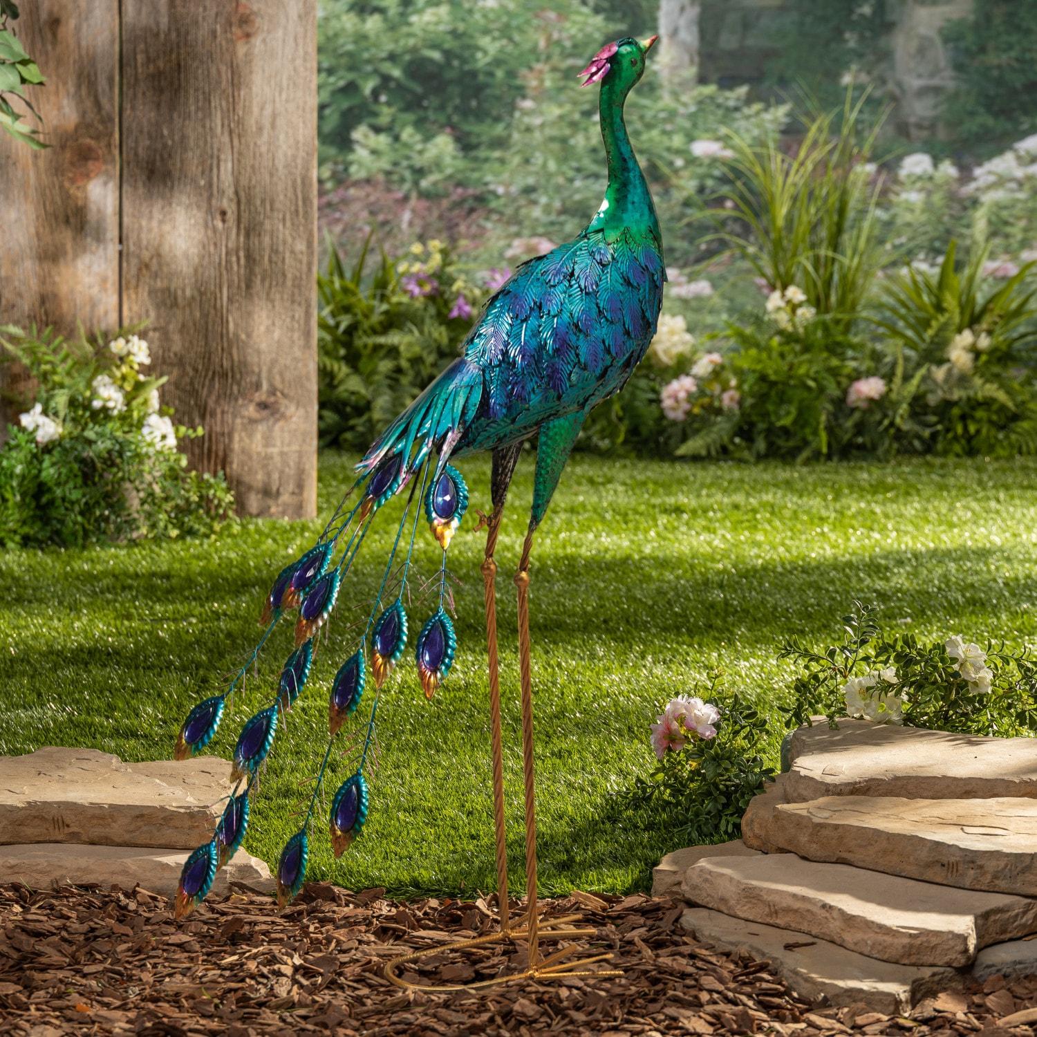 35" Metallic Blue and Green Metal Peacock Sculpture