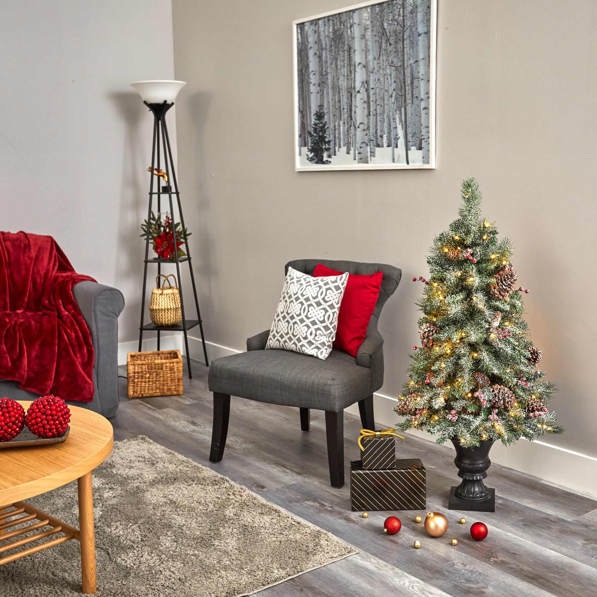 Nearly Natural 4’ Frosted Pine, Pinecone and Berries Prelit LED Artificial Christmas Tree in Decorative Urn