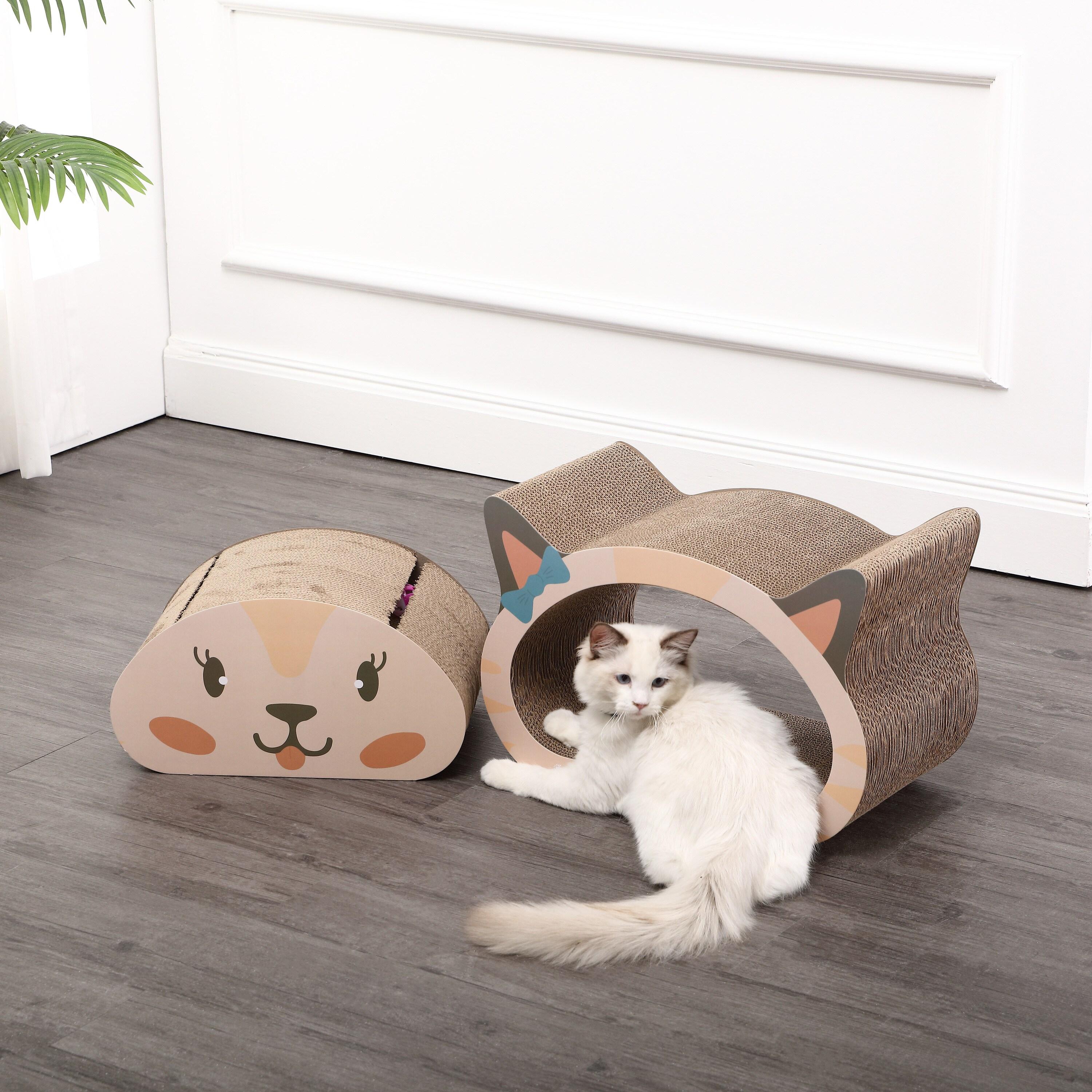 Opal 19" Modern Cardboard Happy Cat Head 2-in-1 Cat Cave Scratcher with Built-In Bell Toys and Catnip, Cream/Peach