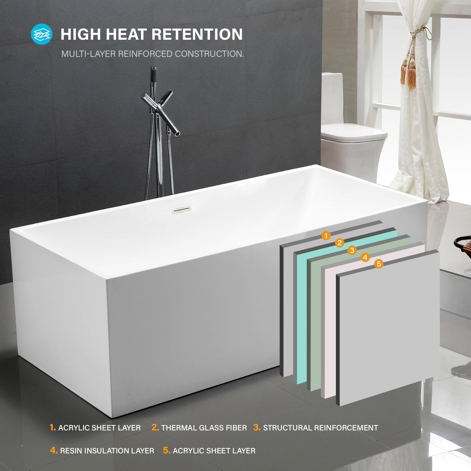 Vanity Art 67" Acrylic Freestanding Soaking Bathtub with Overflow and Pop-up Drain