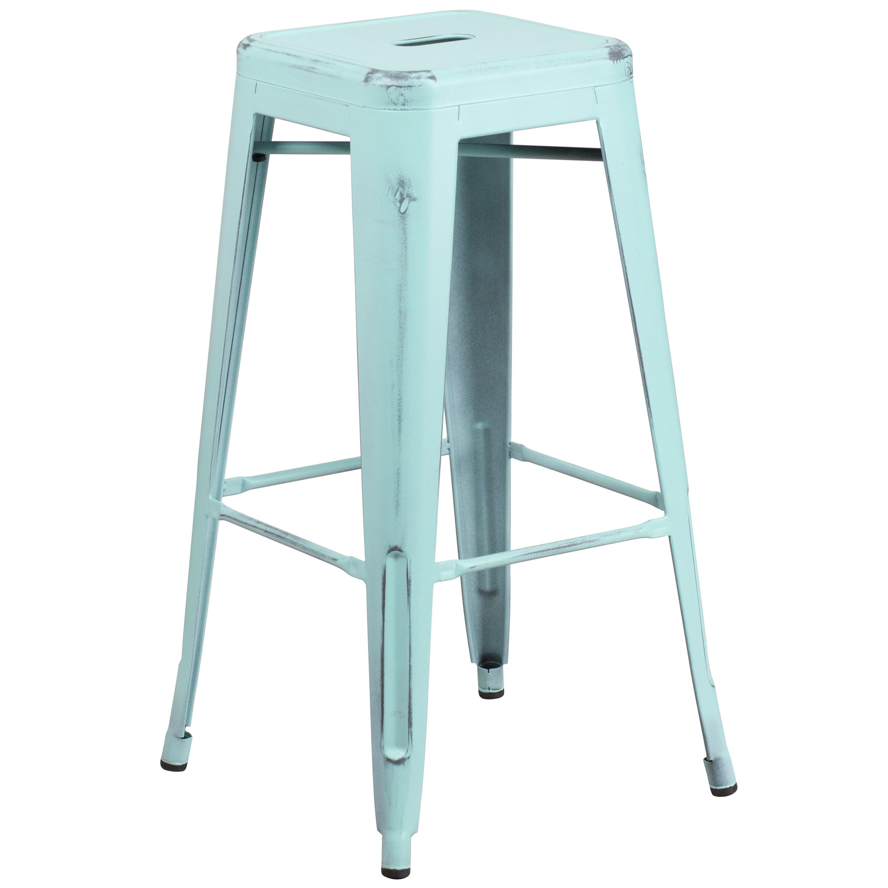 Flash Furniture Commercial Grade 30" High Backless Distressed Green-Blue Metal Indoor-Outdoor Barstool