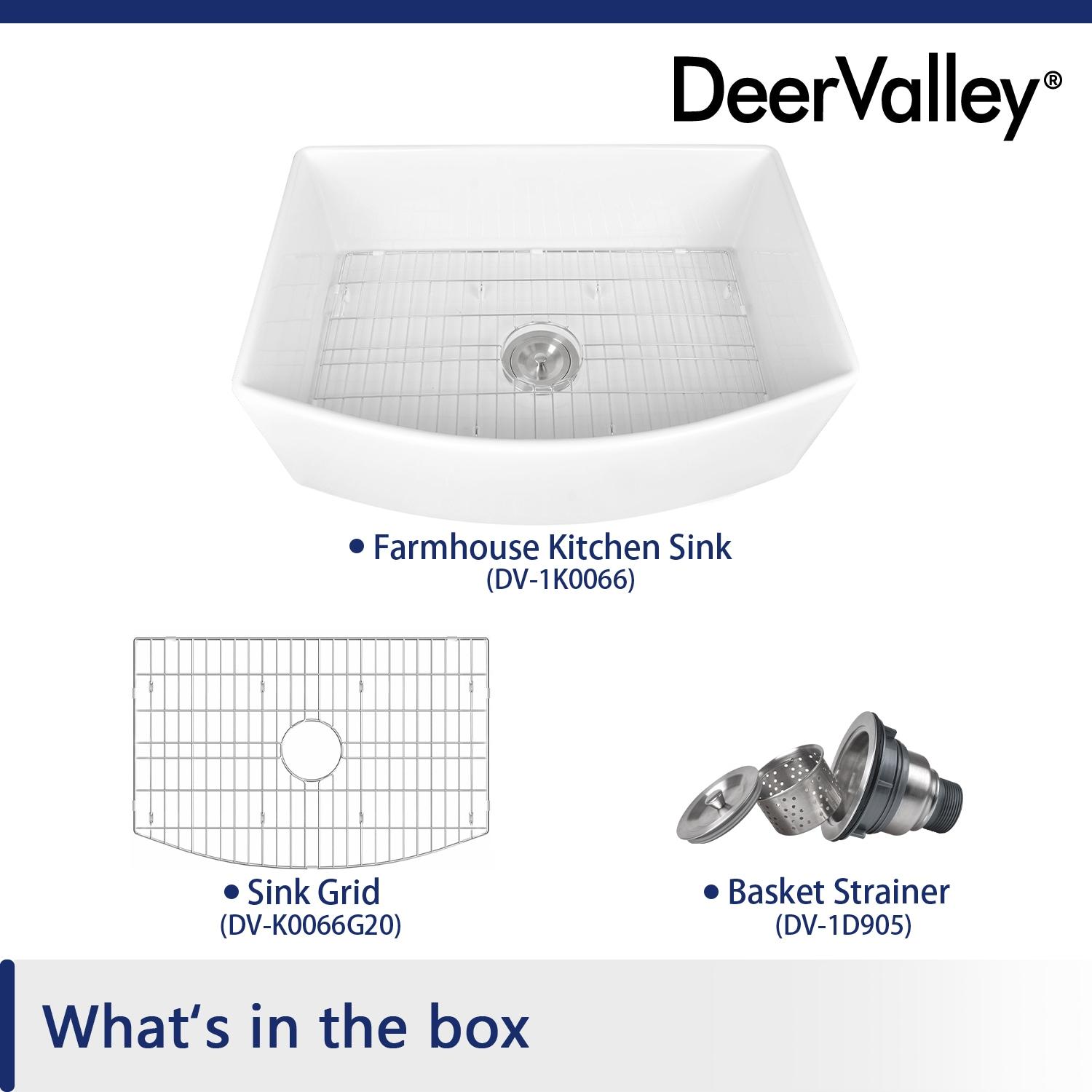 DeerValley Fireclay Single Basin Curved Farmhouse Kitchen Sink with Sink Grid and Basket Strainer