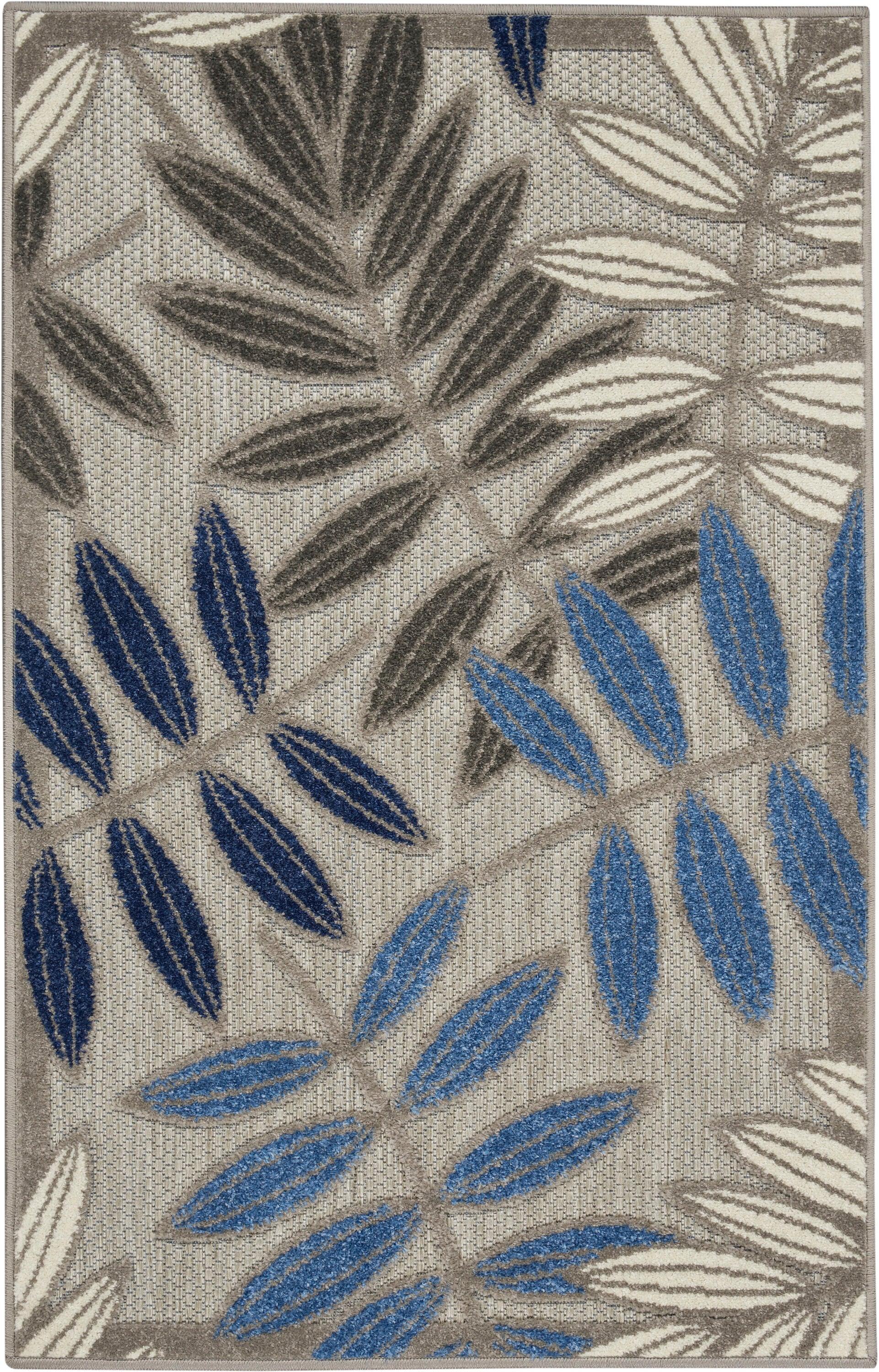 Nourison Aloha Floral Leaf Flatweave High-Low Indoor Outdoor Area Rug Grey/Blue 2'8" x 4'