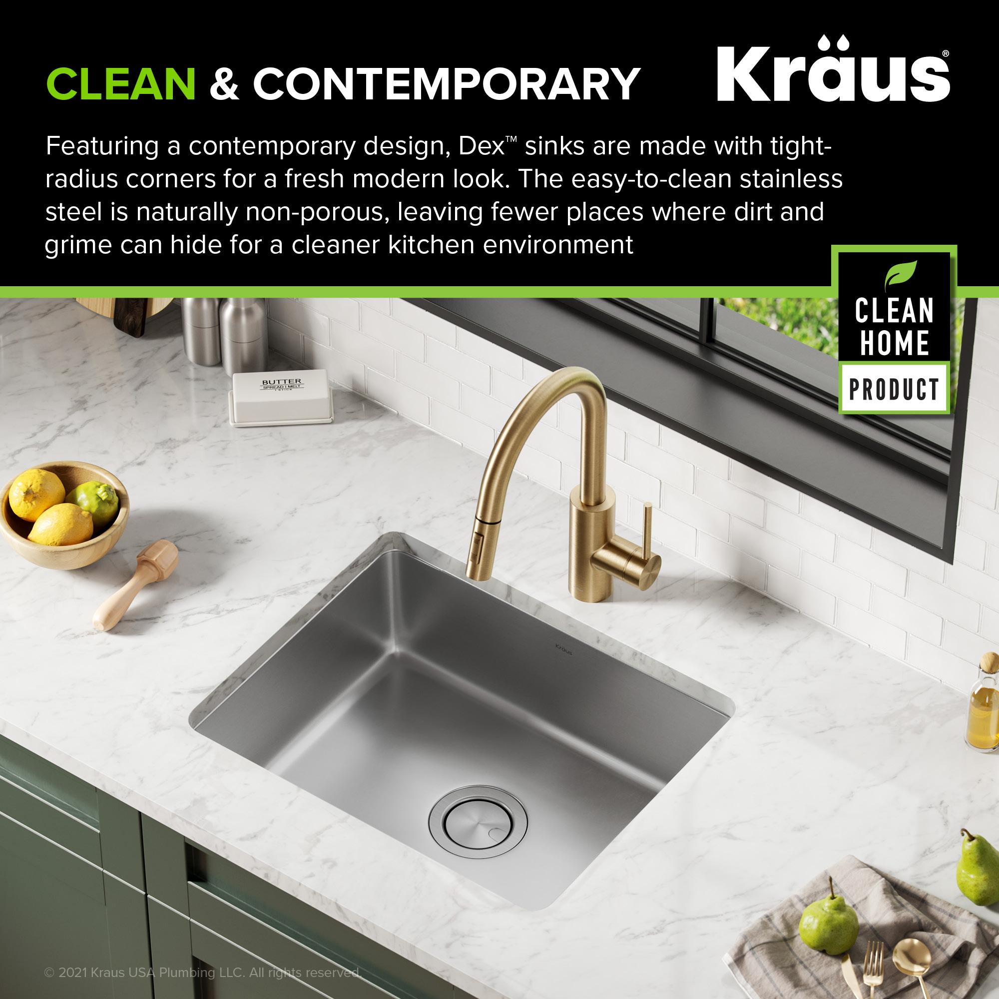 Dex™️ Series KRAUS 21" L Undermount 16 Gauge Stainless Steel Single Bowl Kitchen Sink