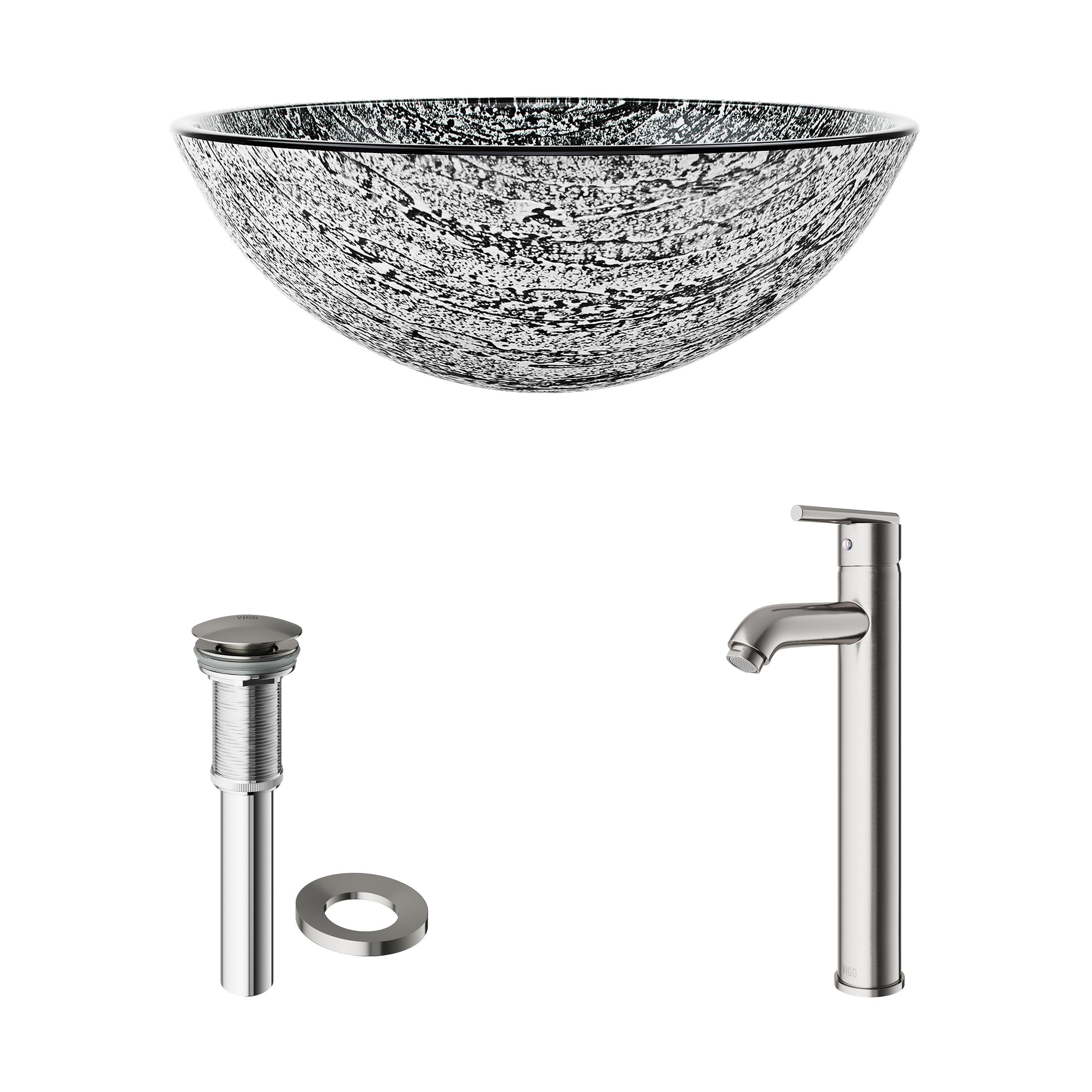 Giovanni 17" L x 17" W x 6" H Round Glass Vessel Bathroom Sink with 13" H Faucet