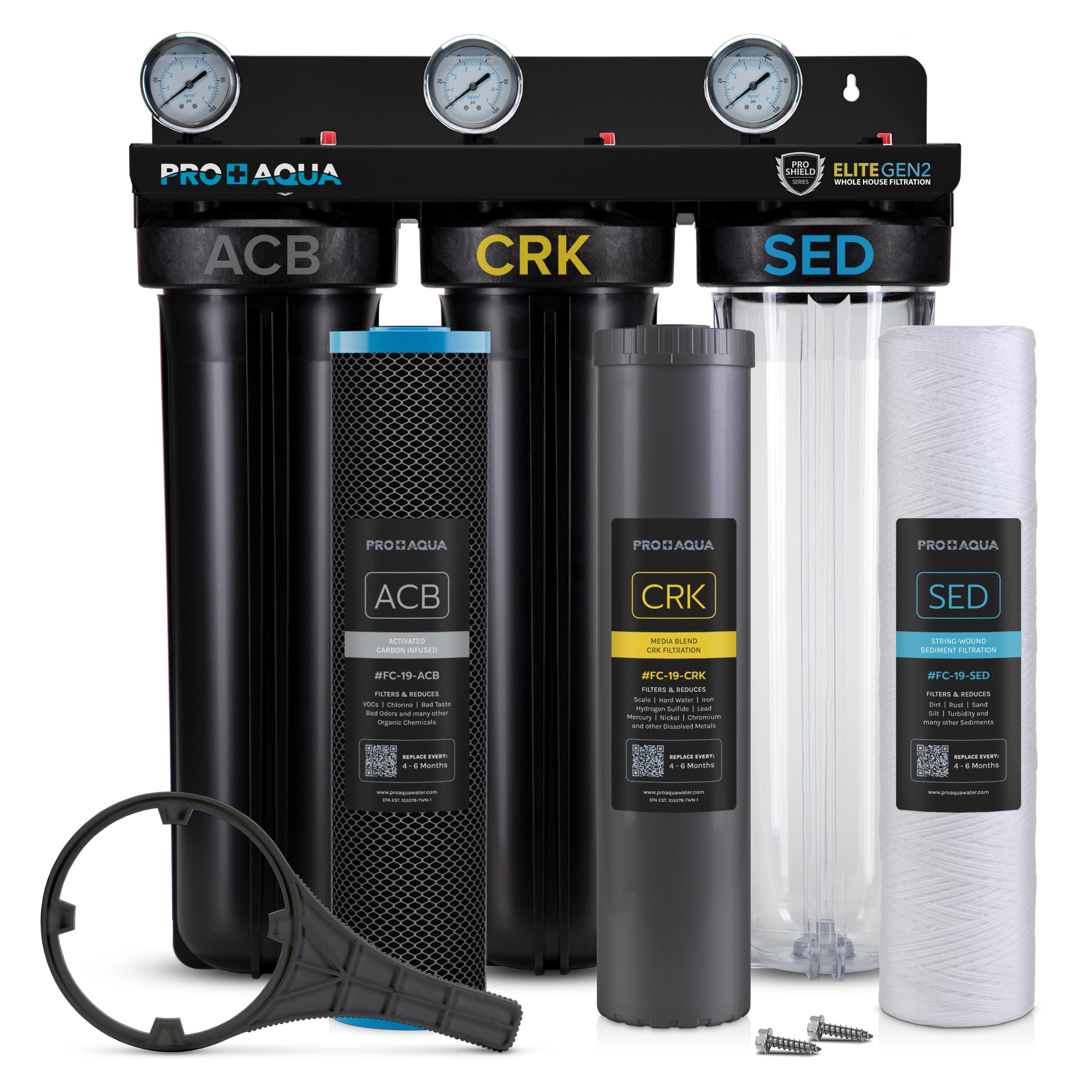 PRO+AQUA ELITE SERIES GEN2 PRO-100-E 3-Stage Whole House Water Filtration System for City and Well Water with Pressure Gauges, Removes 99% of Chlorine, VOCs, Odors & Contaminants, 1” Ports